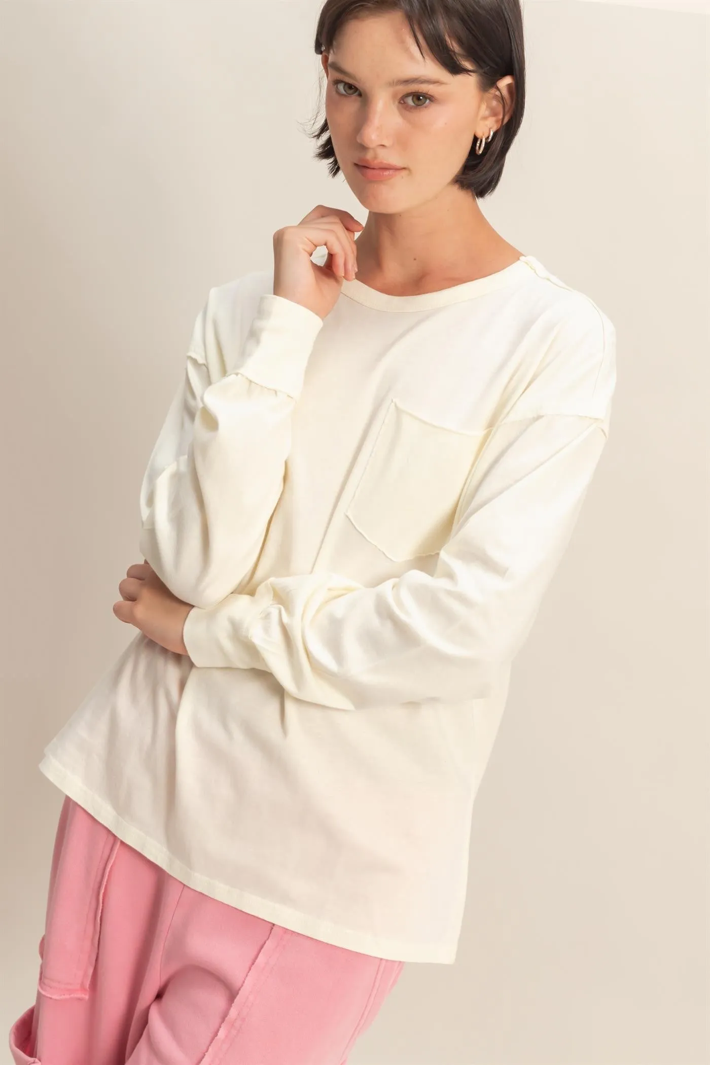 Cream Oversized Washed Long Sleeve Pocket Top sold by Pinkblush product image thumbnail 2