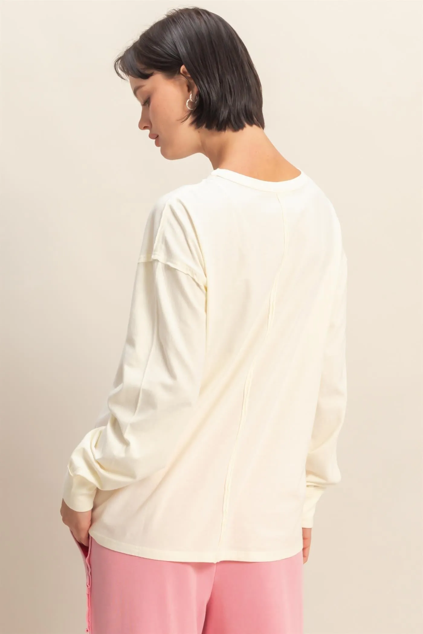 Cream Oversized Washed Long Sleeve Pocket Top sold by Pinkblush product image thumbnail 3