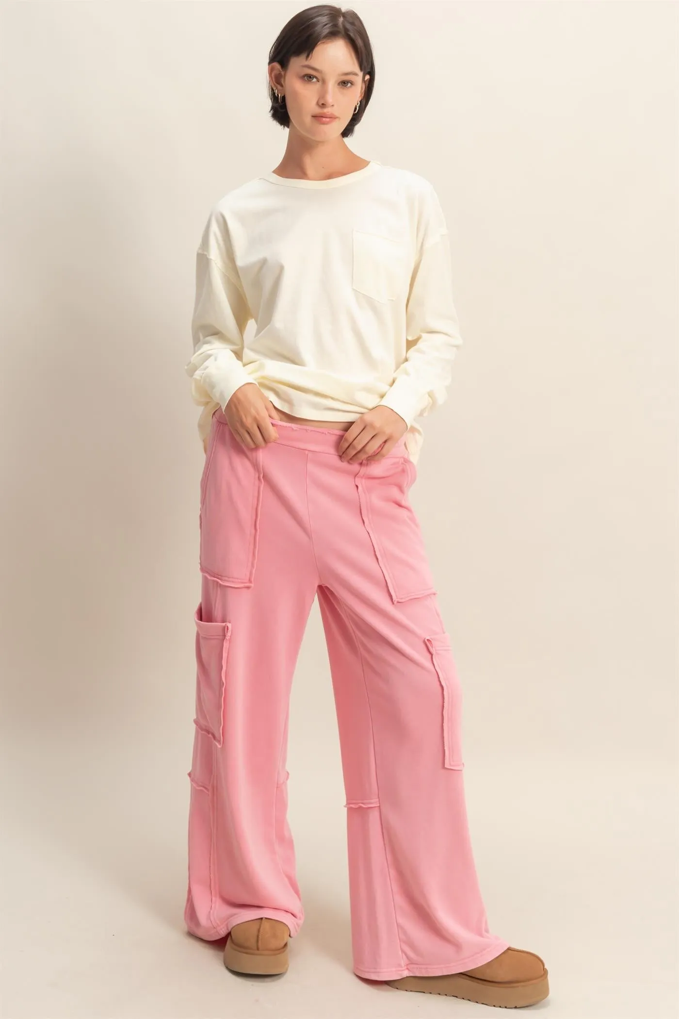 Cream Oversized Washed Long Sleeve Pocket Top sold by Pinkblush product image thumbnail 4