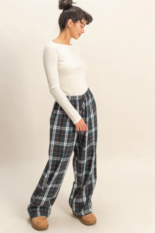 Navy Plaid Wide Leg Lounge Pants sold by Pinkblush