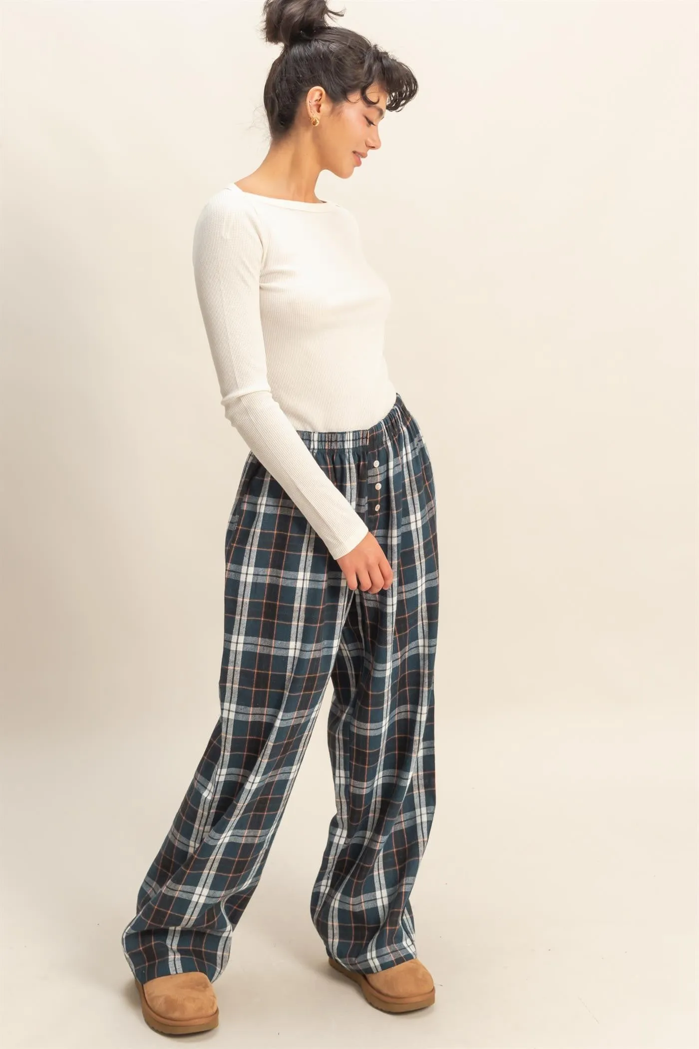Navy Plaid Wide Leg Lounge Pants sold by Pinkblush