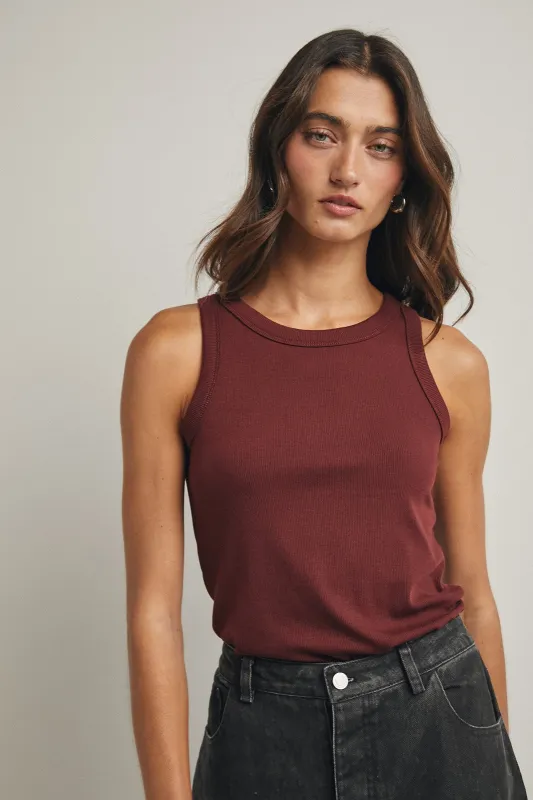 Burgundy Ribbed Basic Crew Neck Tank sold by Pinkblush