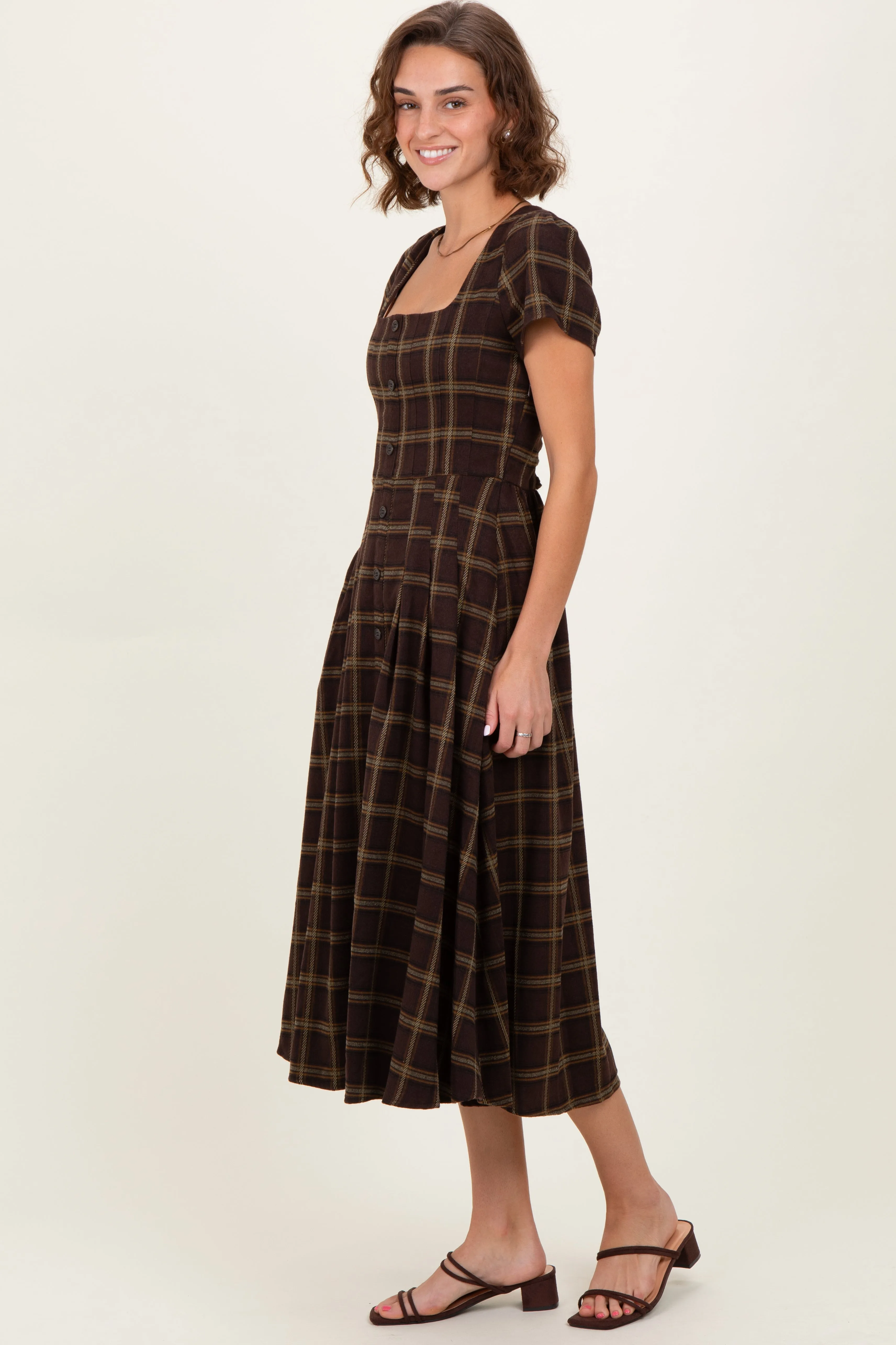 Brown Plaid Button Down Midi Dress sold by Pinkblush product image thumbnail 3