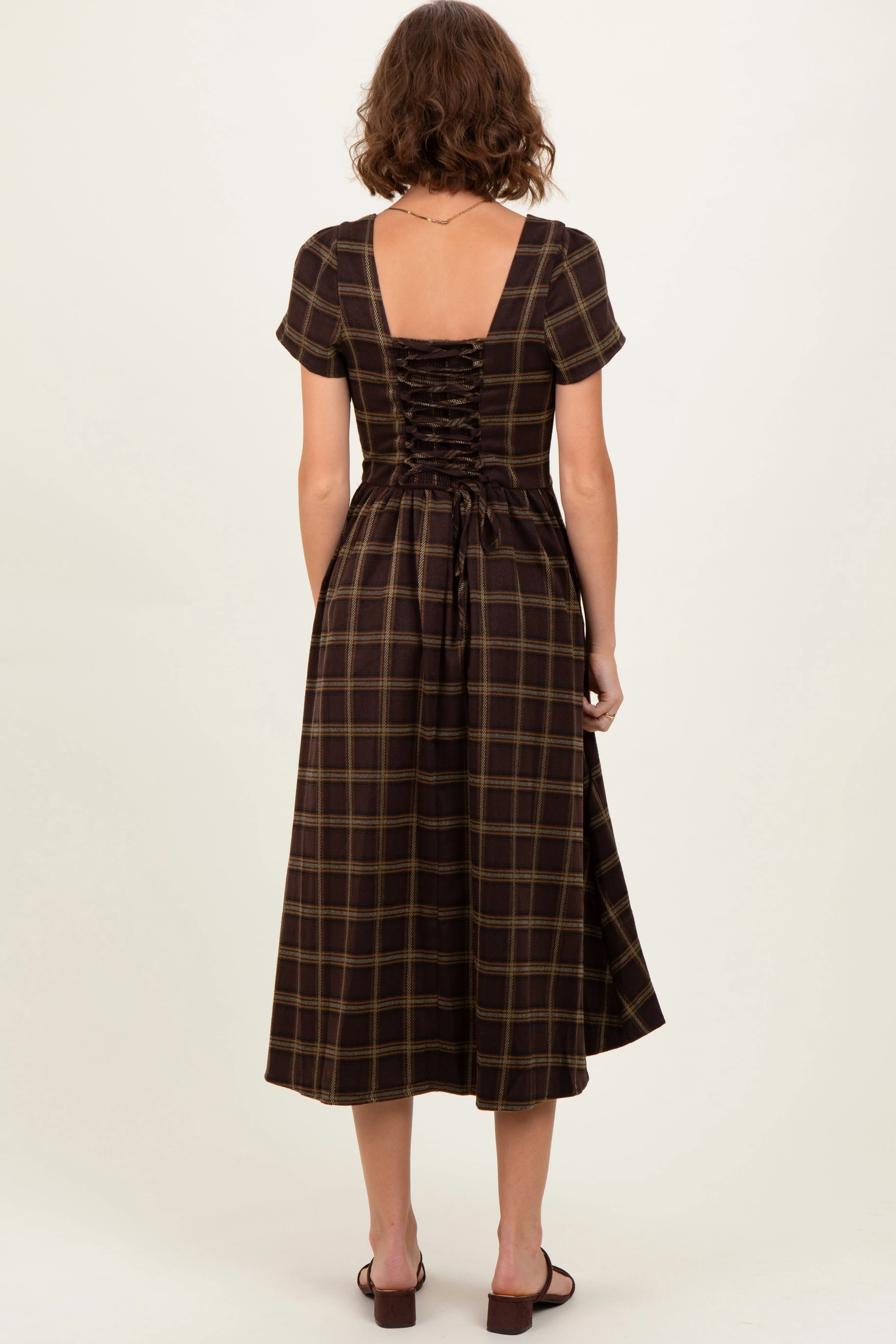 Brown Plaid Button Down Midi Dress sold by Pinkblush product image thumbnail 4