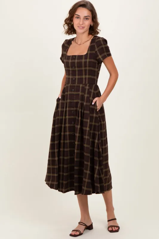 Brown Plaid Button Down Midi Dress sold by Pinkblush