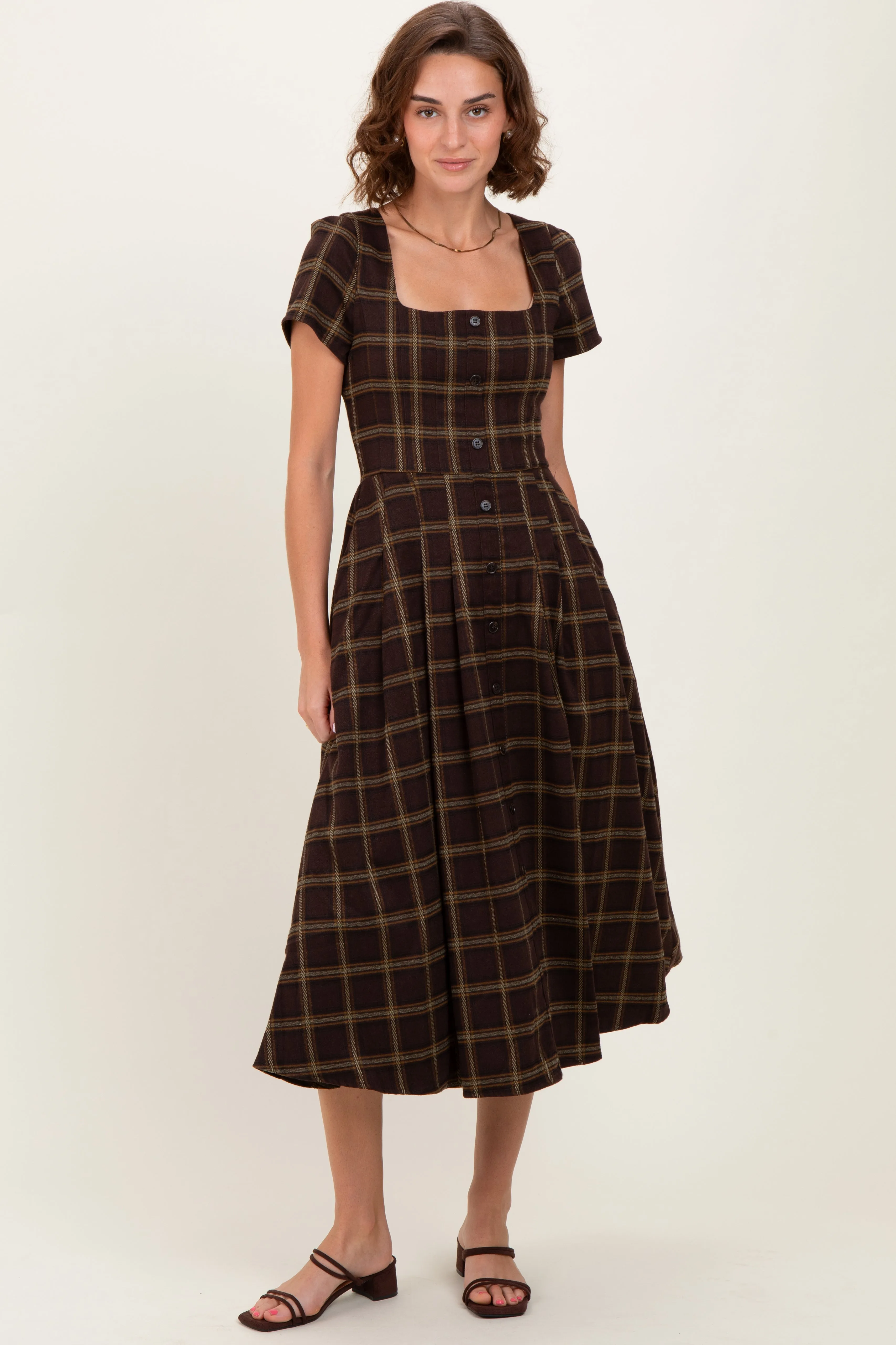 Brown Plaid Button Down Midi Dress sold by Pinkblush product image thumbnail 2