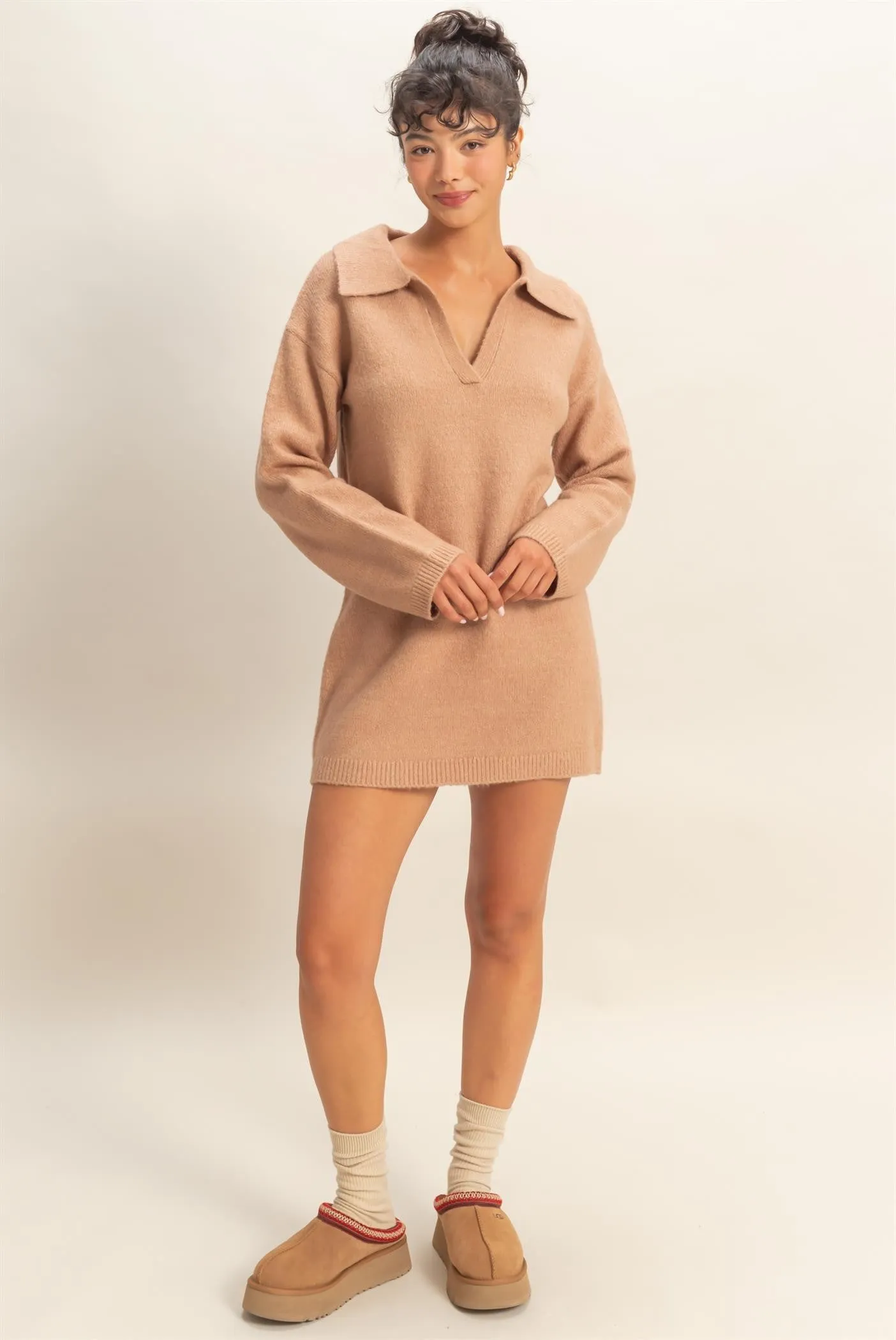 Camel Long Sleeve Polo Sweater Dress sold by Pinkblush product image thumbnail 4