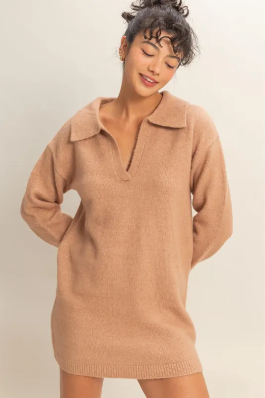 Camel Long Sleeve Polo Sweater Dress sold by Pinkblush
