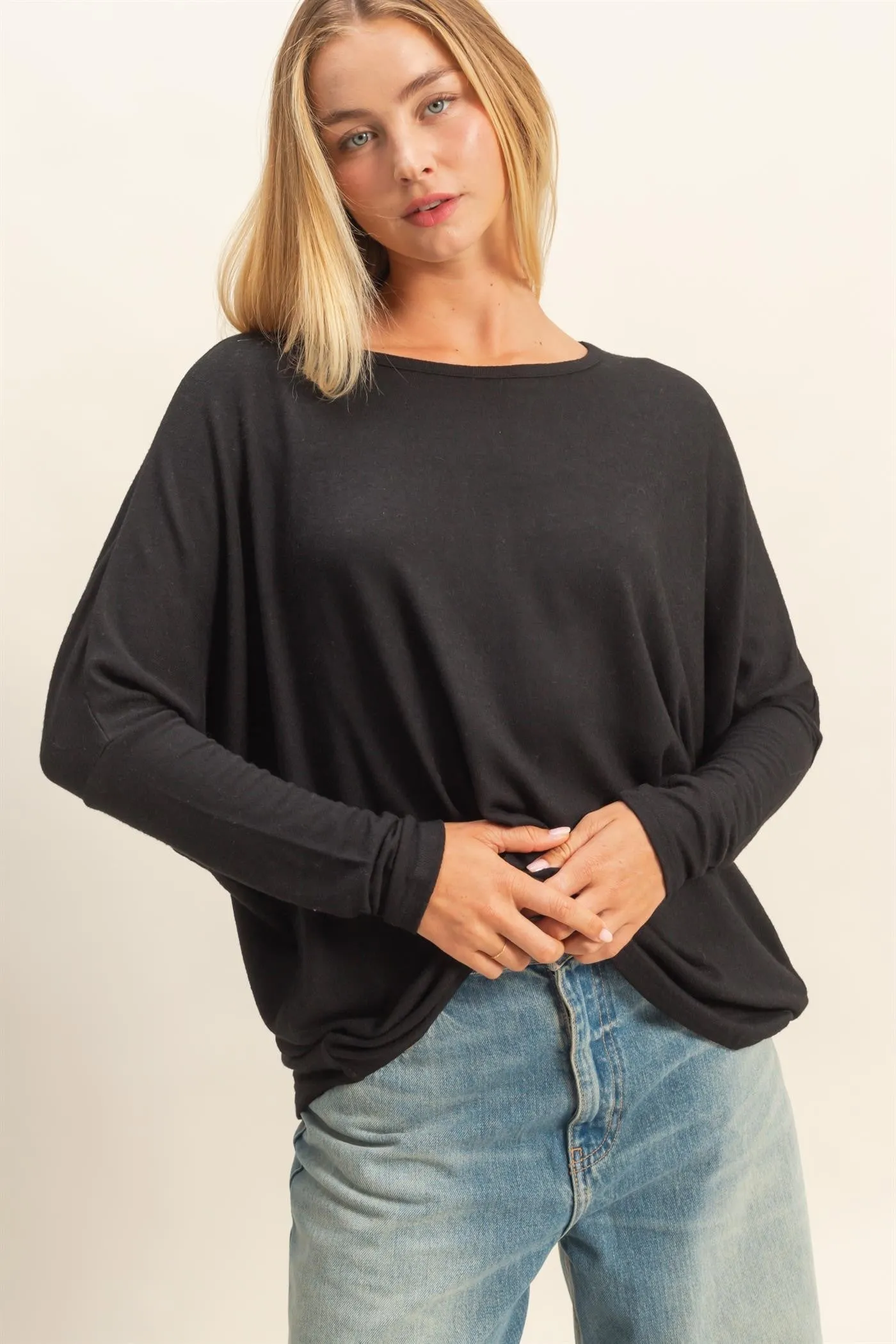 Black Relaxed Fit Dolman Long Sleeve Top sold by Pinkblush