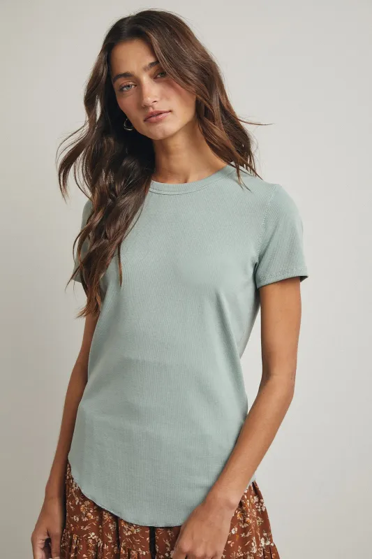 Dusty Mint Ribbed Short Sleeve Curved Hem Top sold by Pinkblush