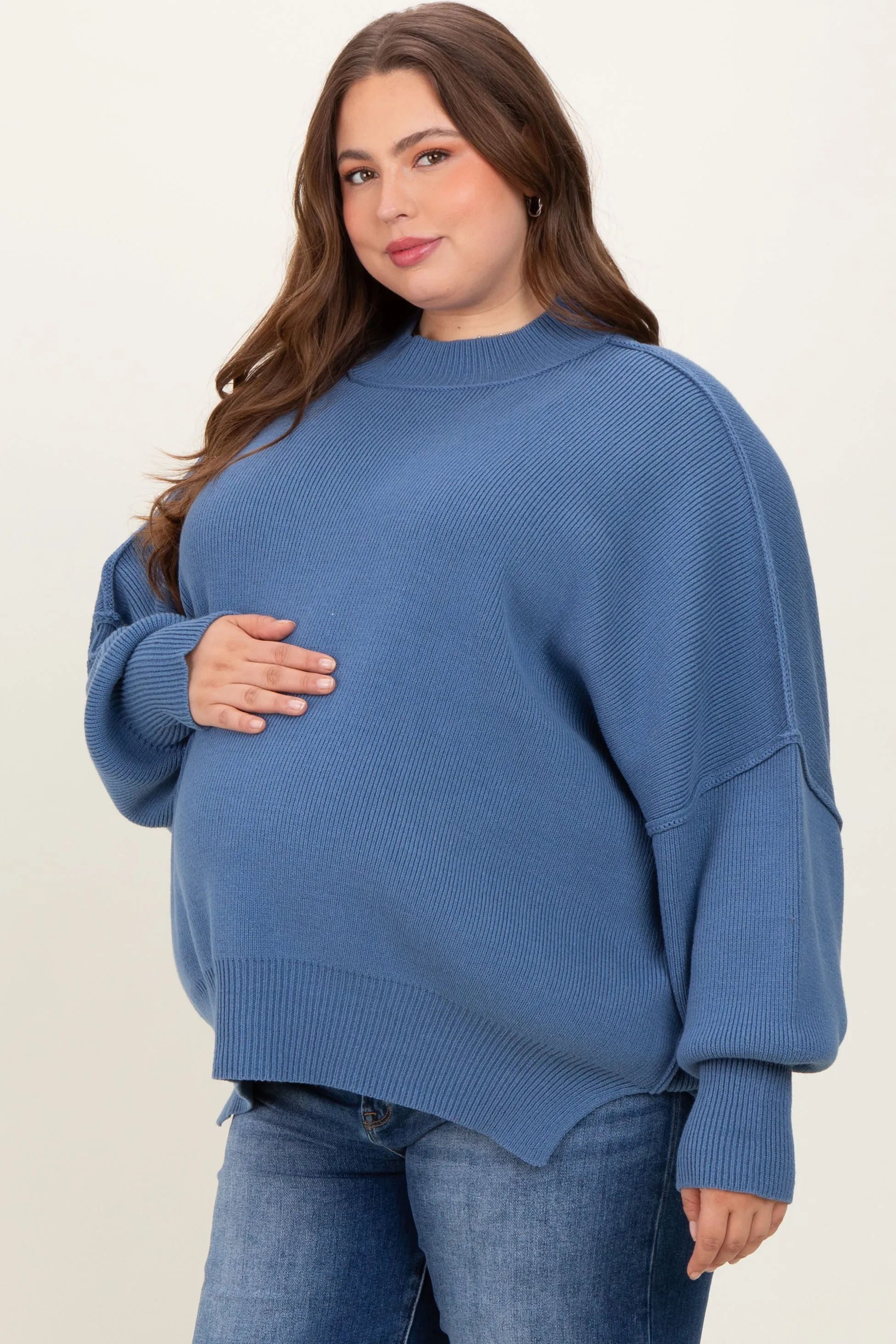 Blue Mock Neck Exposed Seam Maternity Sweater sold by Pinkblush product image thumbnail 3