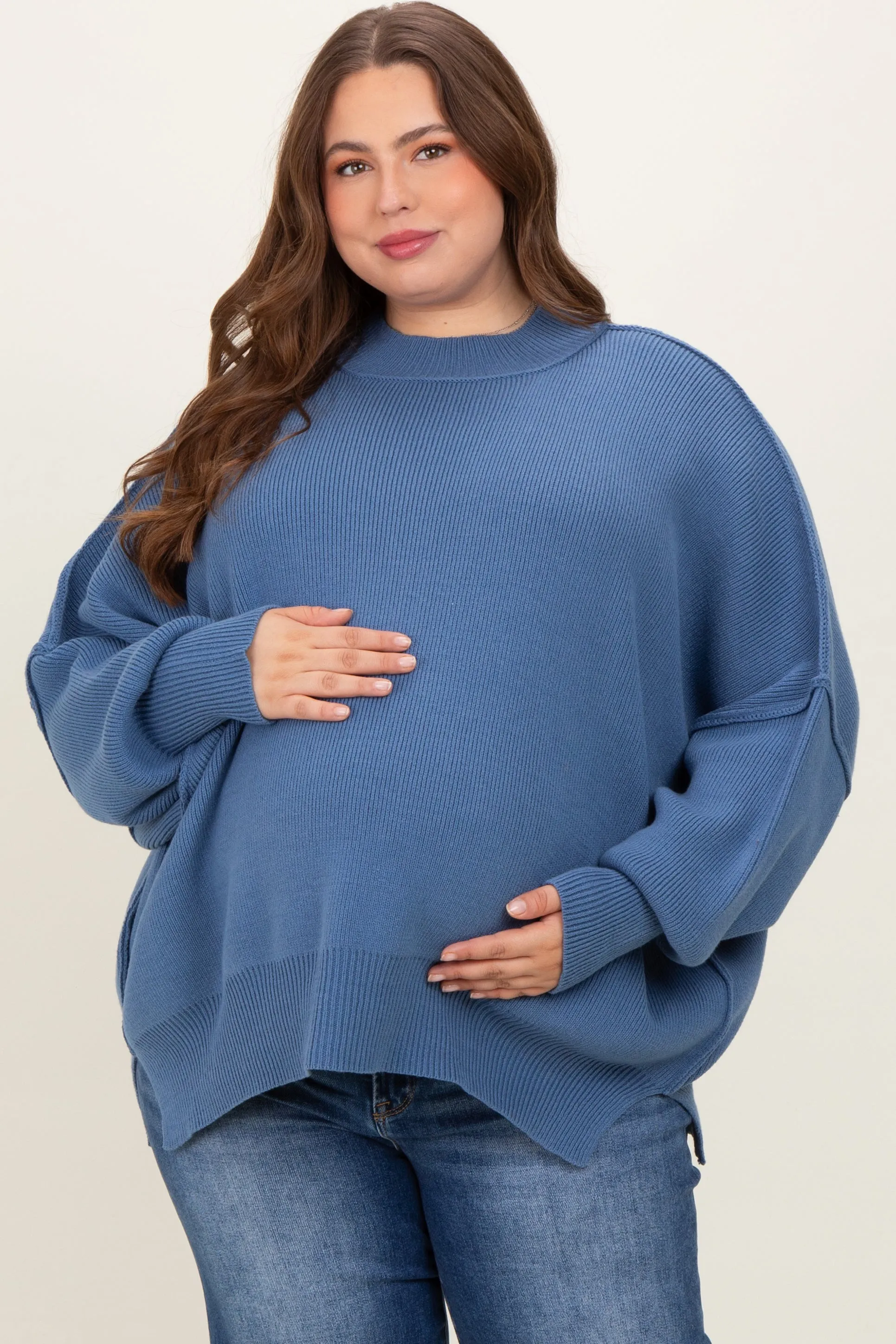 Blue Mock Neck Exposed Seam Maternity Sweater sold by Pinkblush