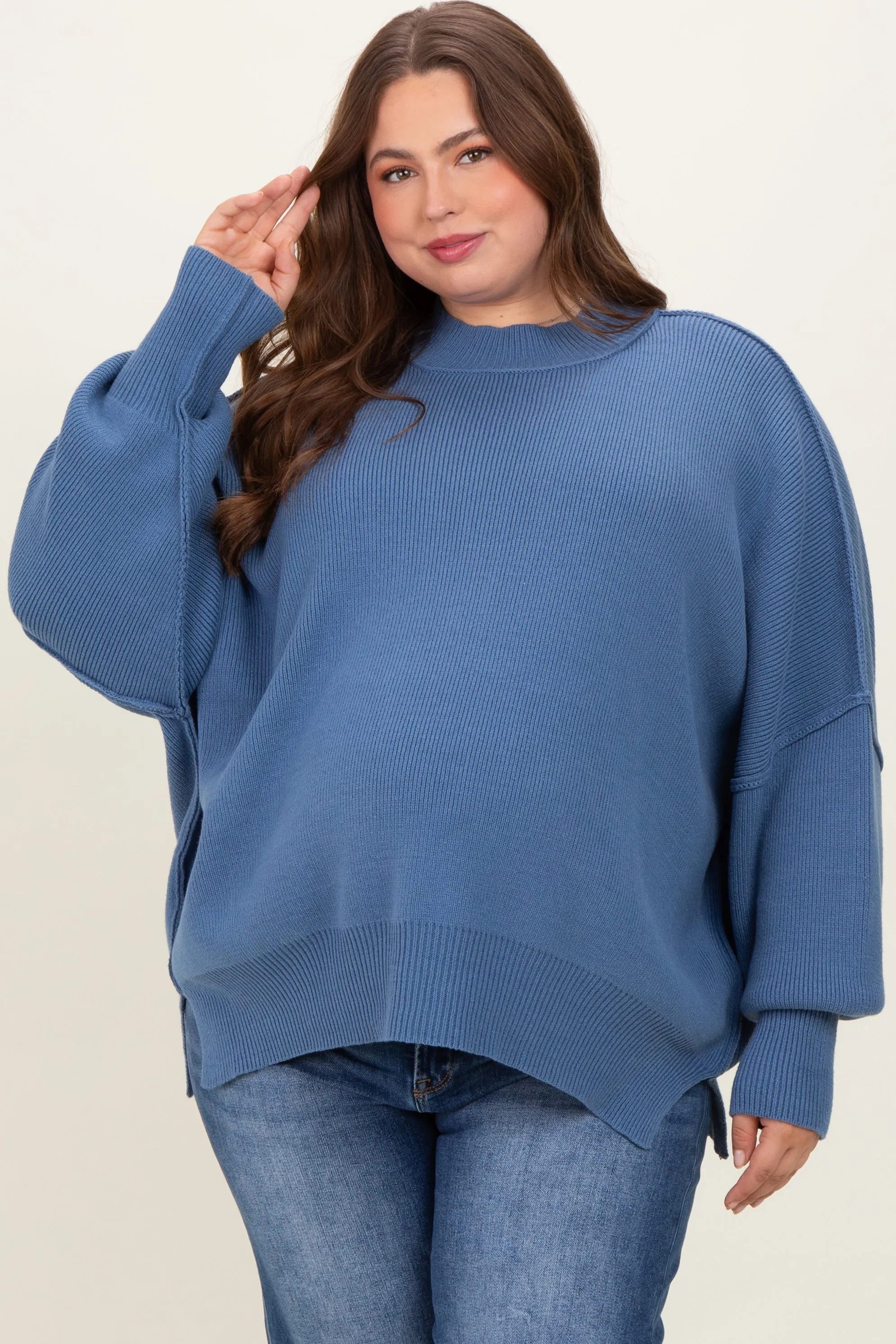 Blue Mock Neck Exposed Seam Maternity Sweater sold by Pinkblush product image thumbnail 2