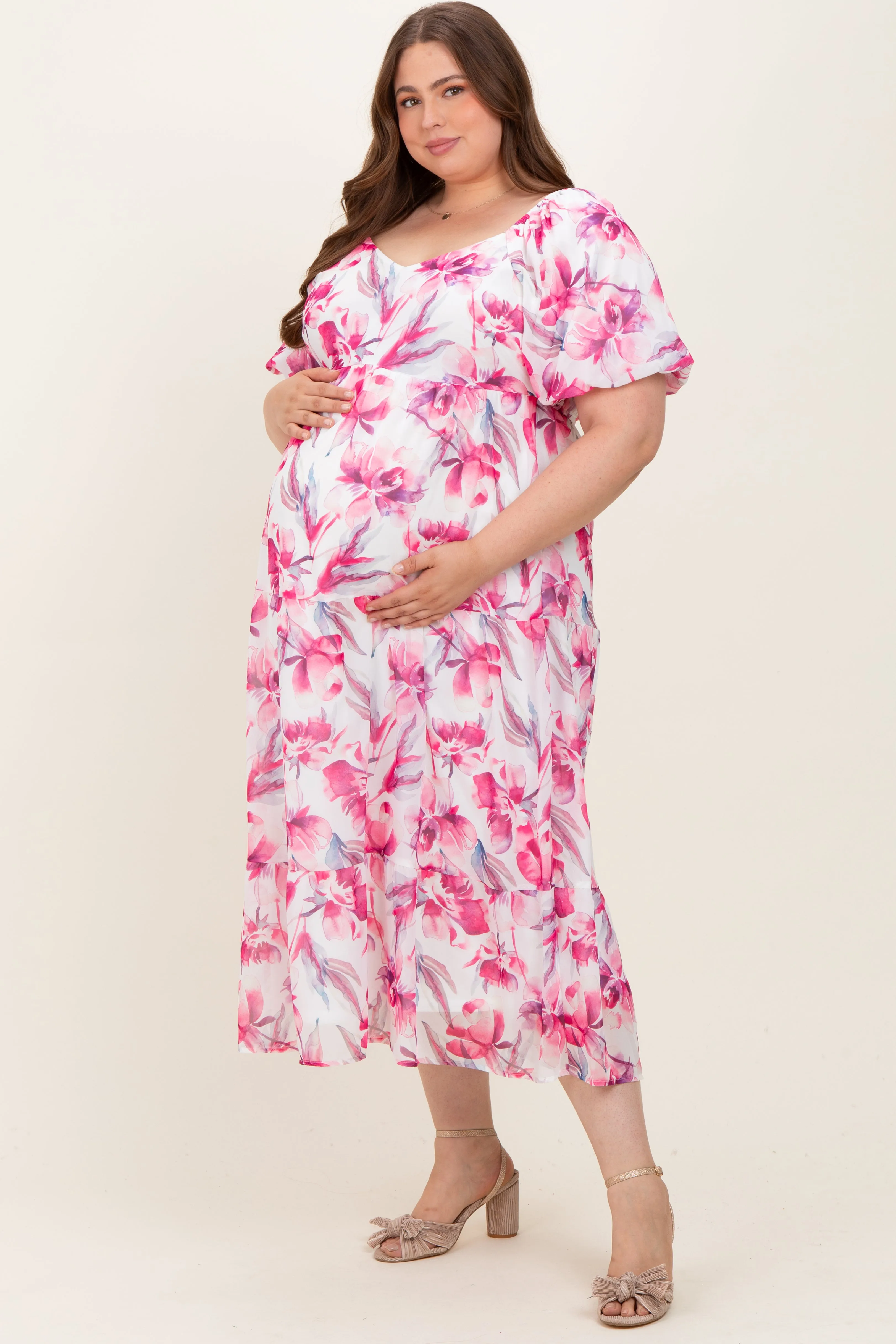 Pink Floral Chiffon Puff Sleeve Maternity Plus Midi Dress sold by Pinkblush product image thumbnail 3