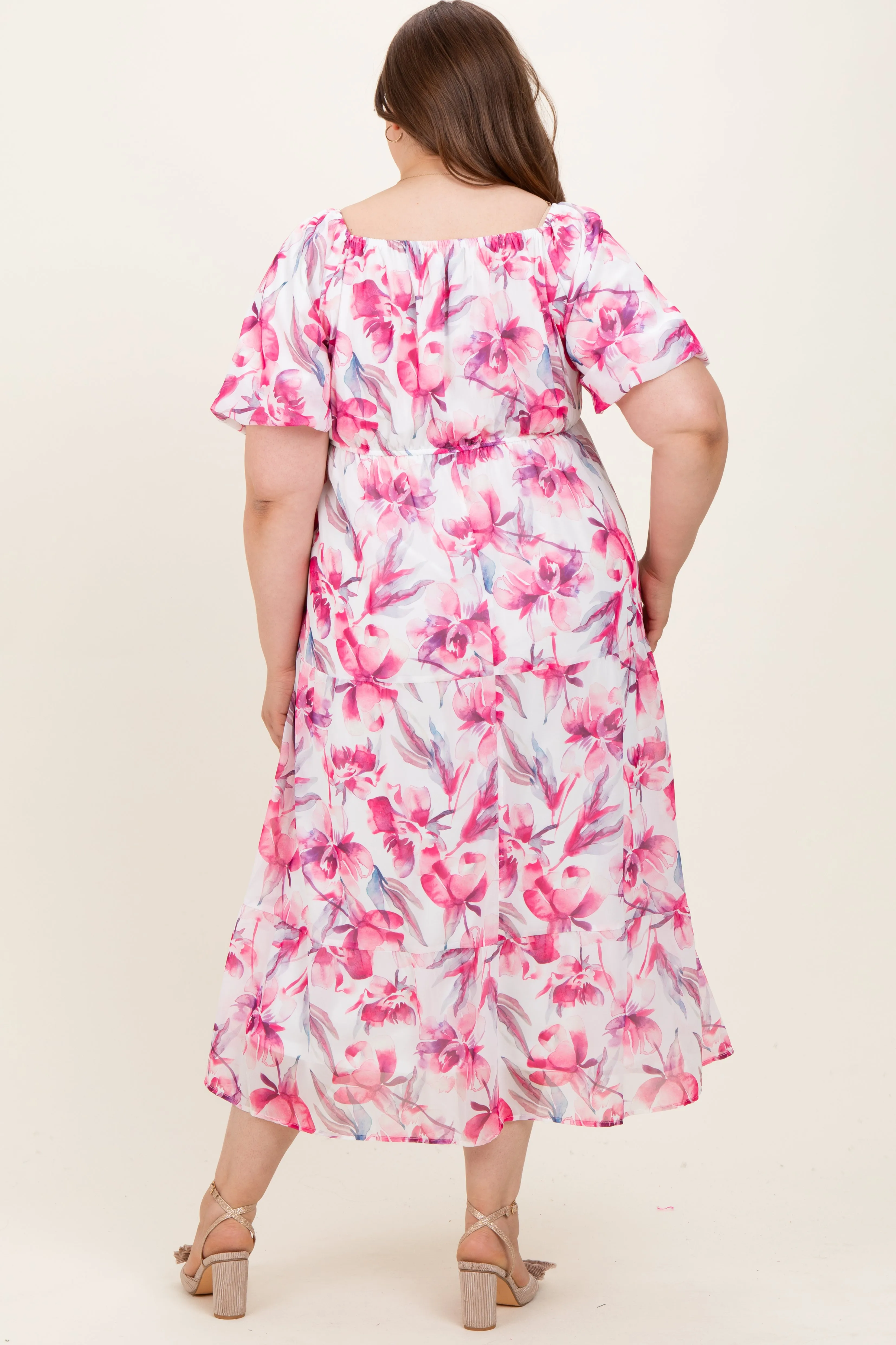 Pink Floral Chiffon Puff Sleeve Maternity Plus Midi Dress sold by Pinkblush product image thumbnail 4