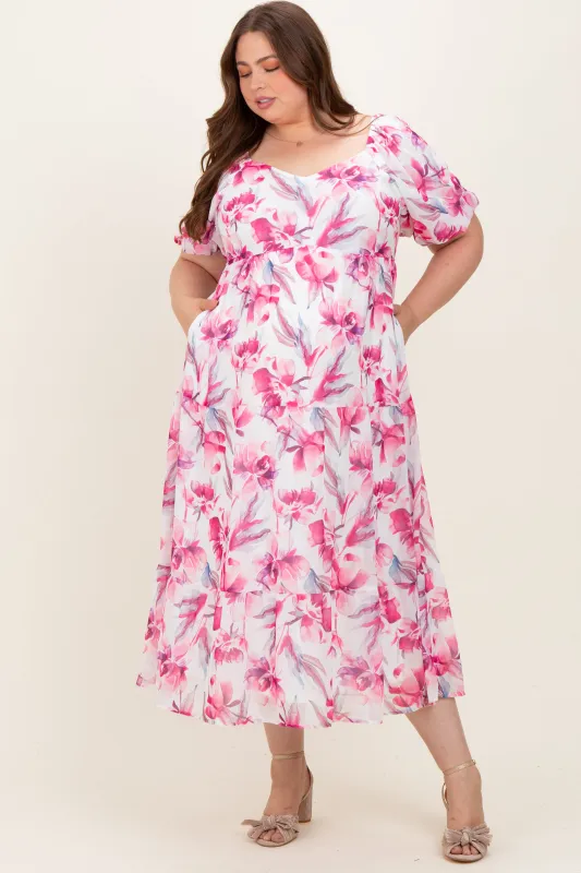 Pink Floral Chiffon Puff Sleeve Maternity Plus Midi Dress sold by Pinkblush