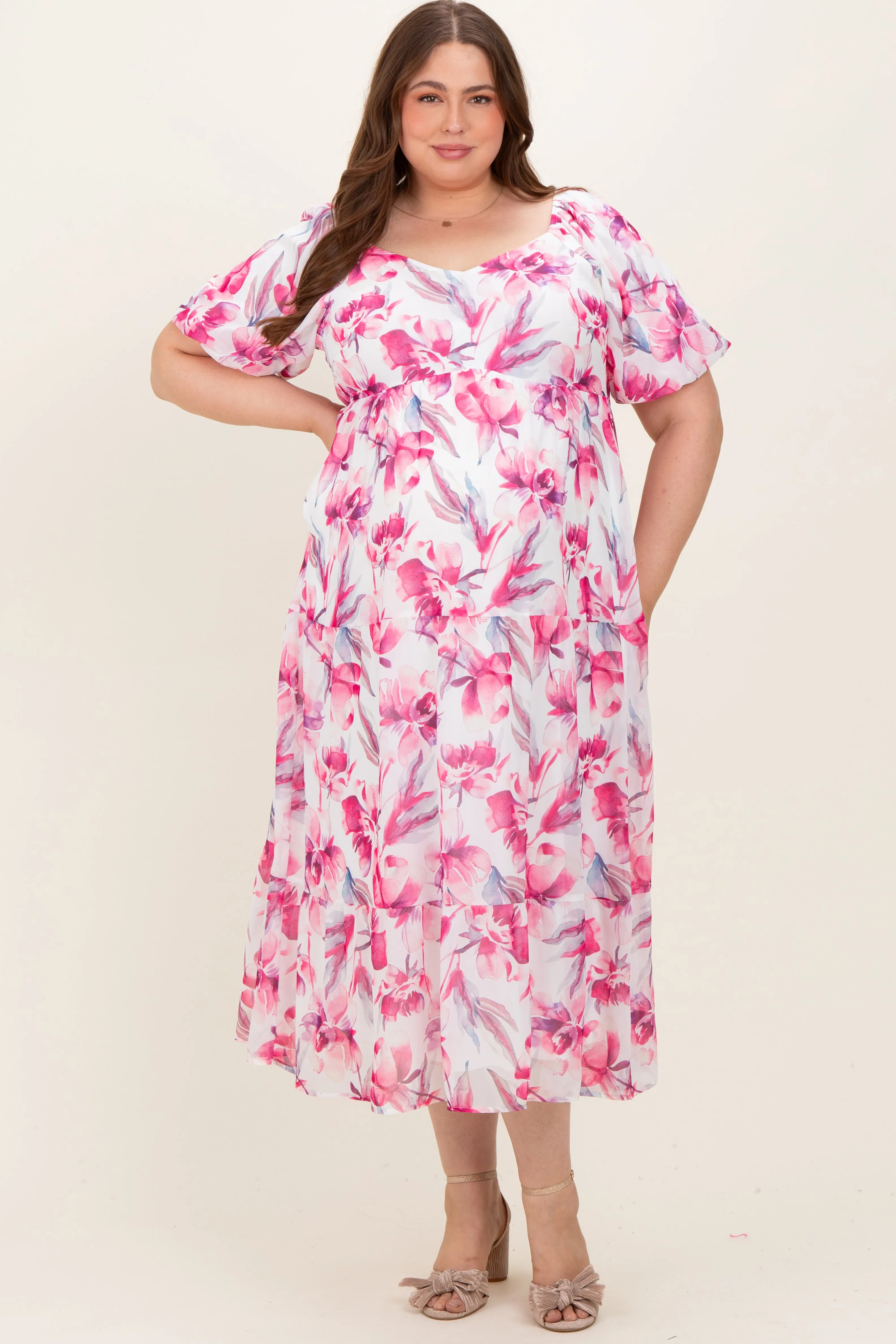 Pink Floral Chiffon Puff Sleeve Maternity Plus Midi Dress sold by Pinkblush product image thumbnail 2
