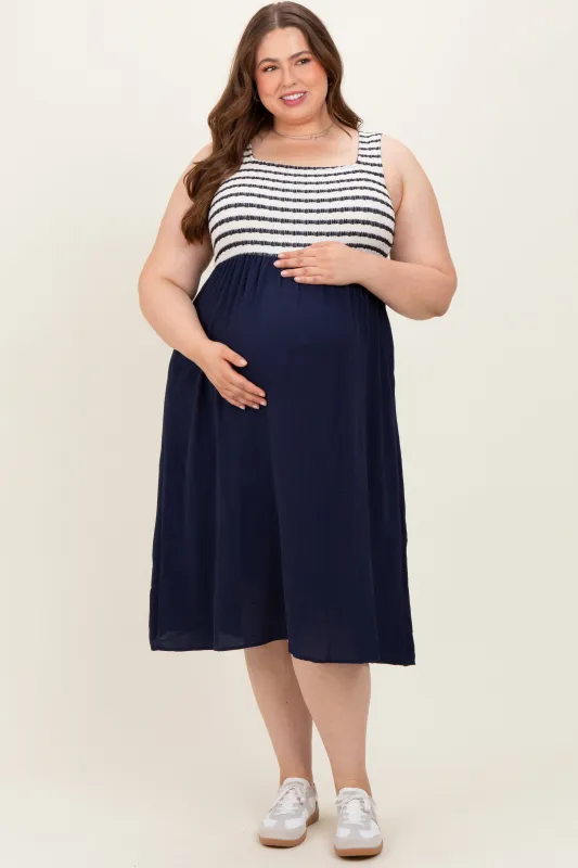 Navy Striped Fit And Flare Sleeveless Plus Maternity Midi Dress sold by Pinkblush