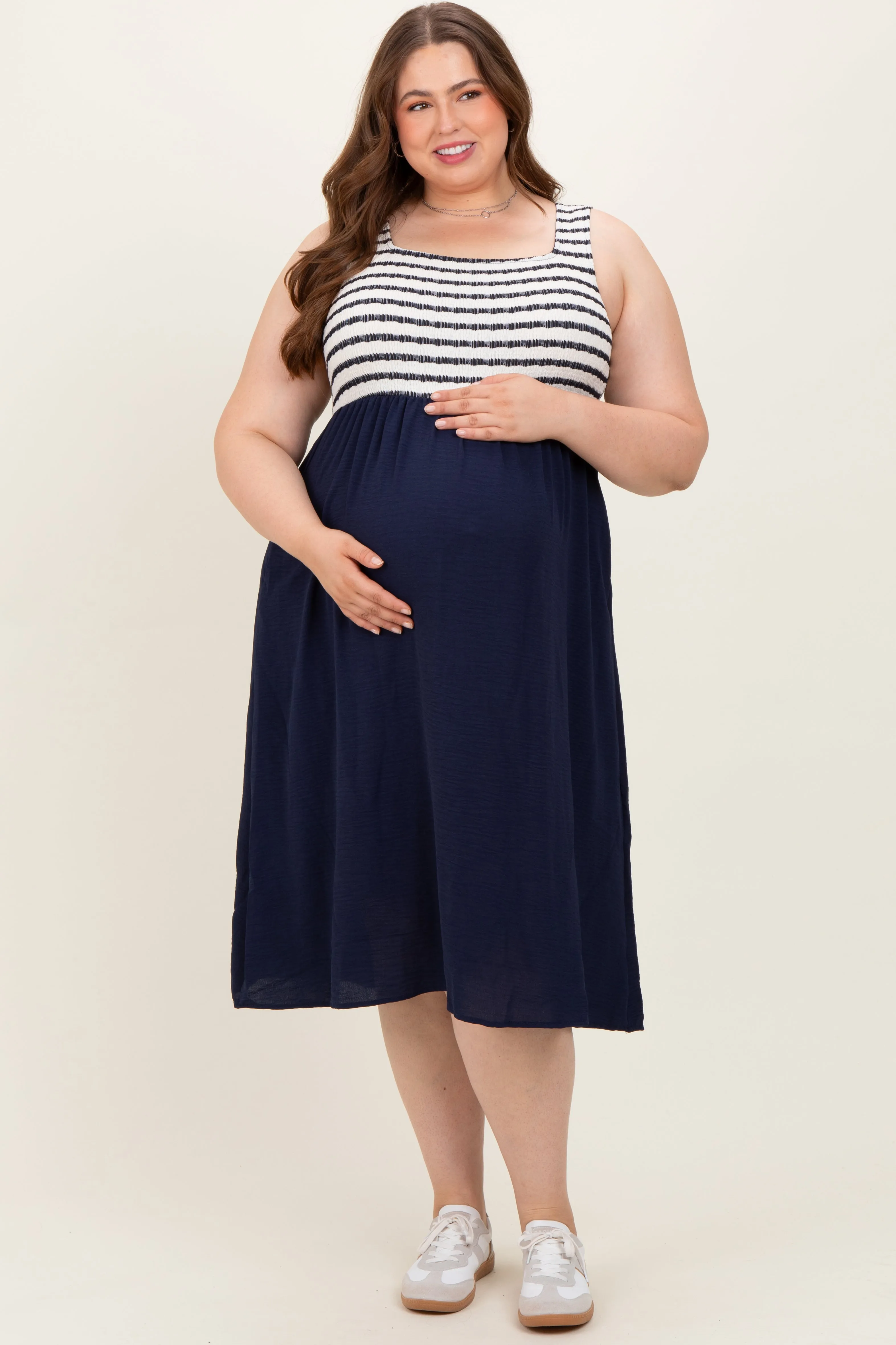 Navy Striped Fit And Flare Sleeveless Plus Maternity Midi Dress sold by Pinkblush