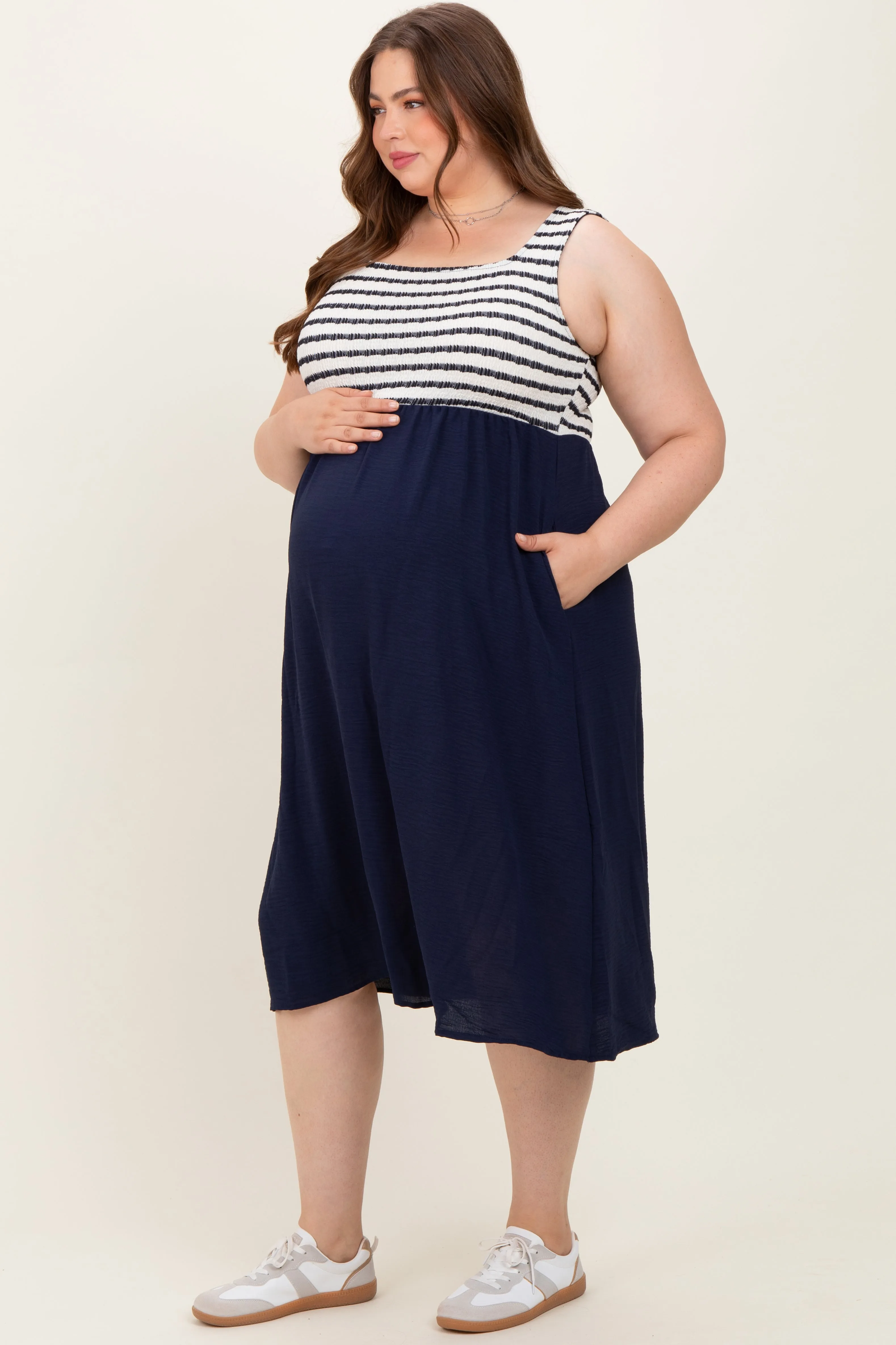 Navy Striped Fit And Flare Sleeveless Plus Maternity Midi Dress sold by Pinkblush product image thumbnail 2