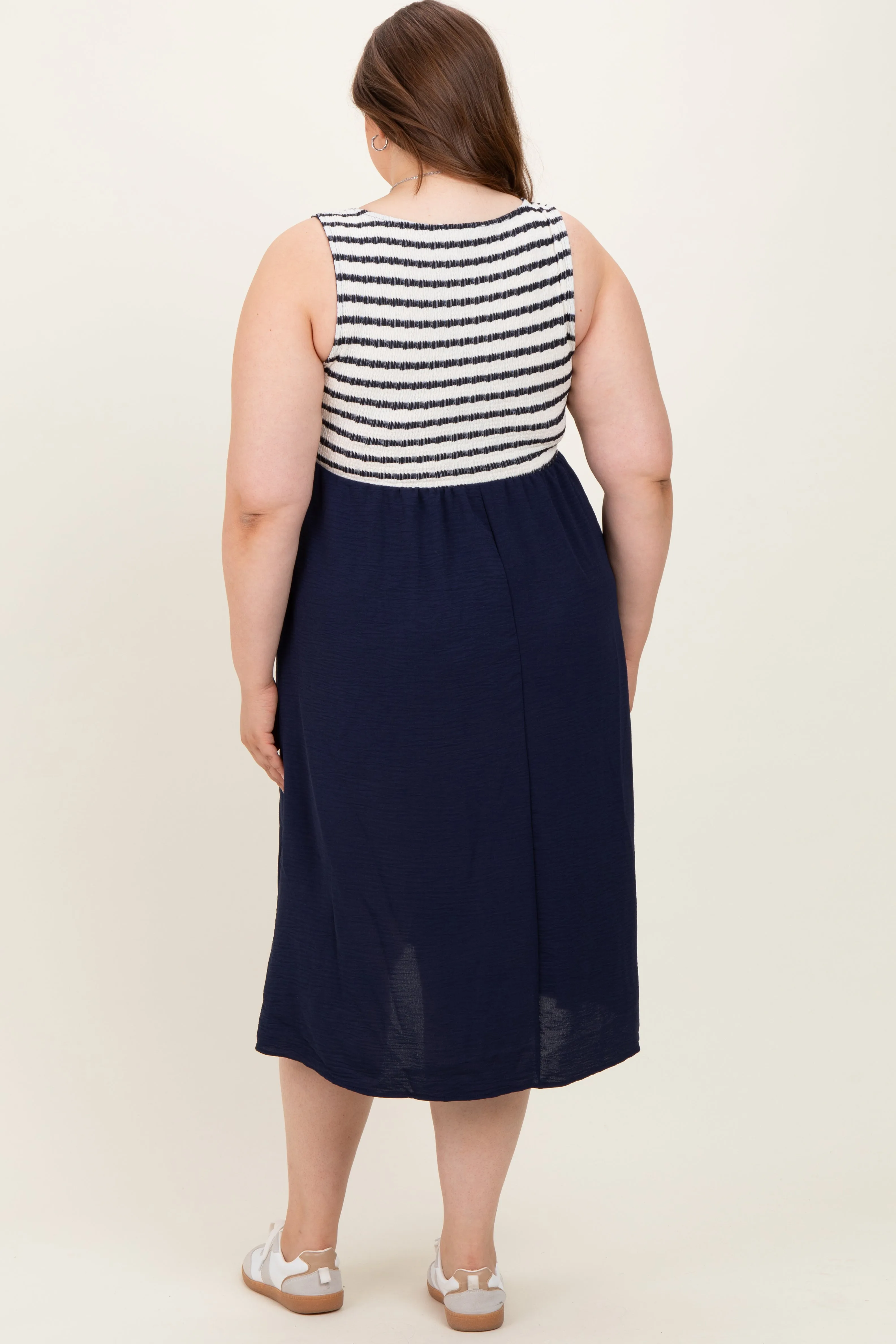 Navy Striped Fit And Flare Sleeveless Plus Maternity Midi Dress sold by Pinkblush product image thumbnail 3