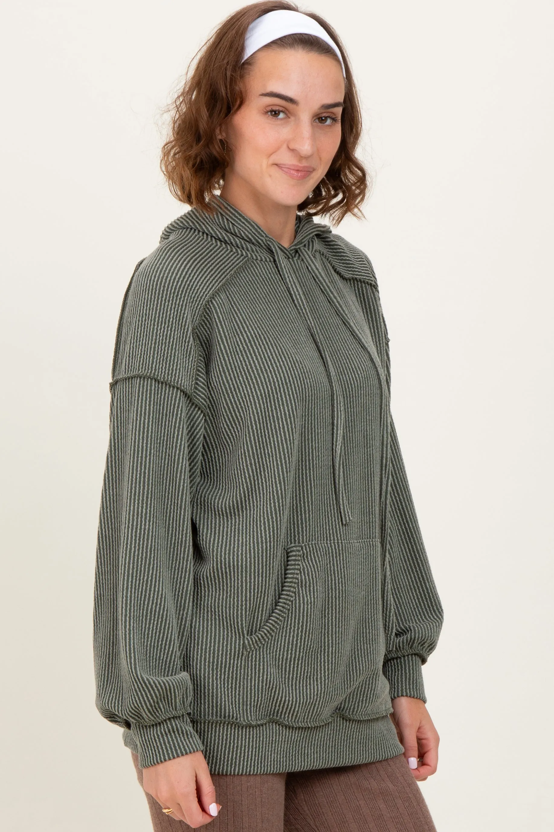 Olive Ribbed Front Pocket Drawstring Hoodie sold by Pinkblush product image thumbnail 2