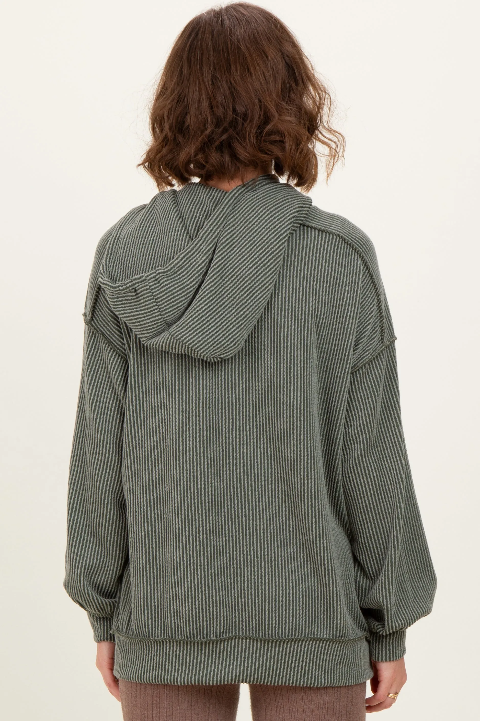 Olive Ribbed Front Pocket Drawstring Hoodie sold by Pinkblush product image thumbnail 3