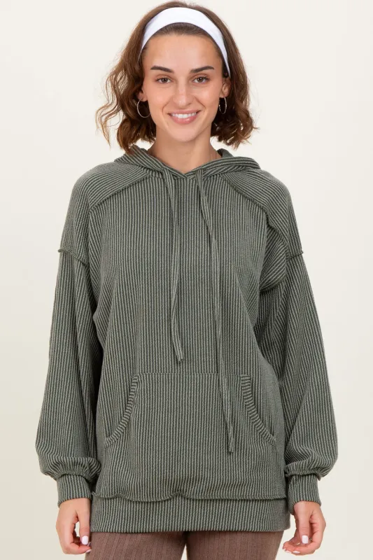 Olive Ribbed Front Pocket Drawstring Hoodie sold by Pinkblush