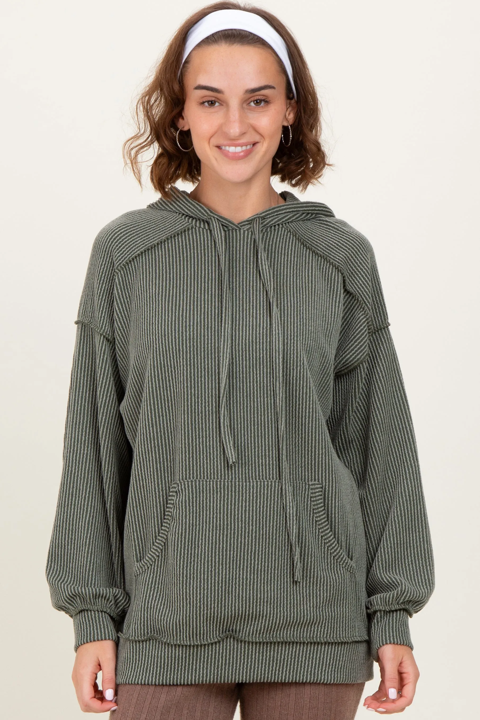 Olive Ribbed Front Pocket Drawstring Hoodie sold by Pinkblush