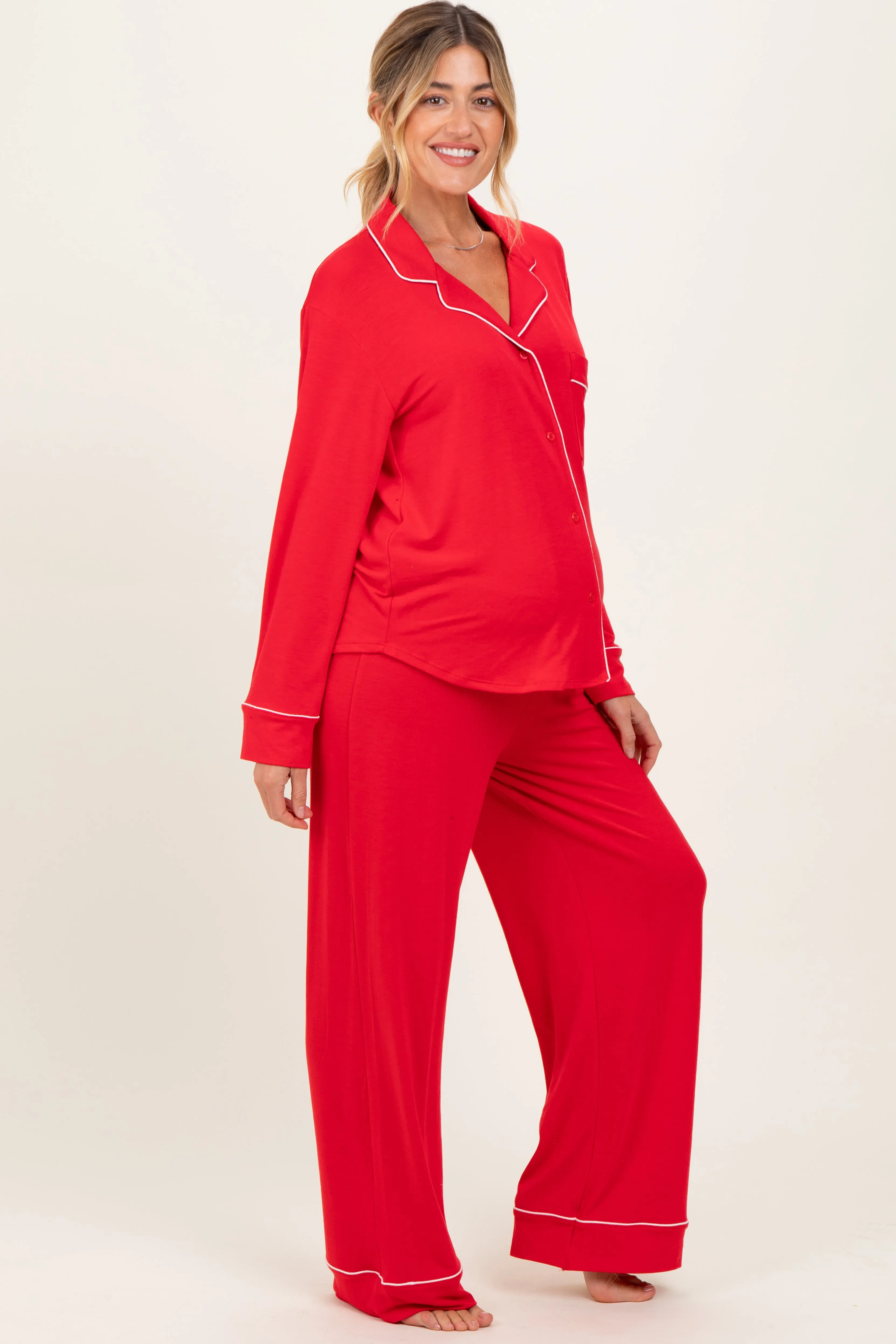 Red Button Down Top Wide Leg Pant Maternity Pajama Set sold by Pinkblush product image thumbnail 3