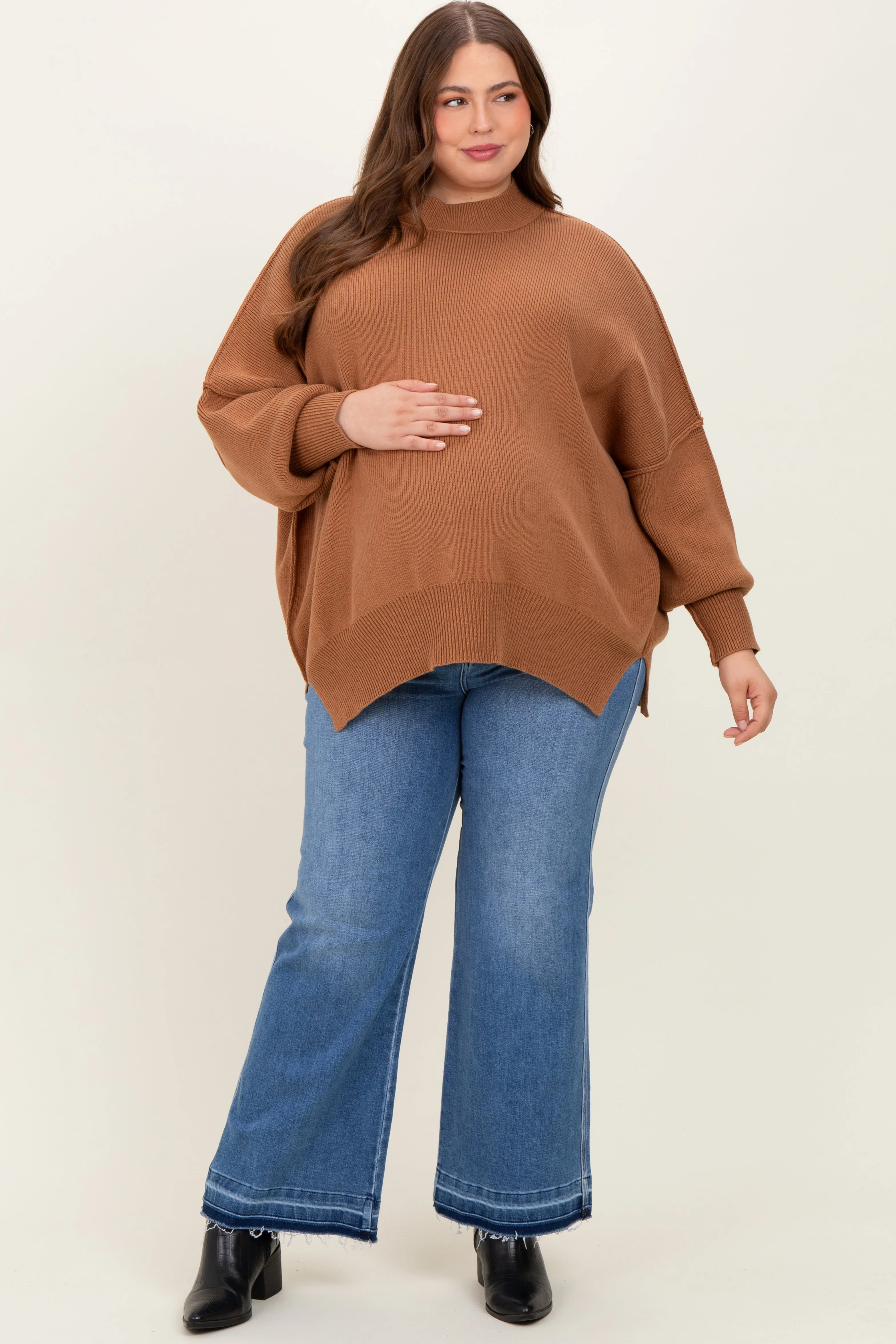 Blue Raw Hem Distressed Ankle Wide Leg Maternity Plus Jeans sold by Pinkblush