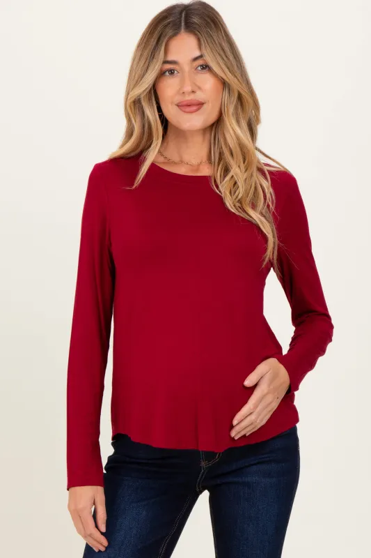 Burgundy Flowy Round Hem Maternity Long Sleeve Top sold by Pinkblush