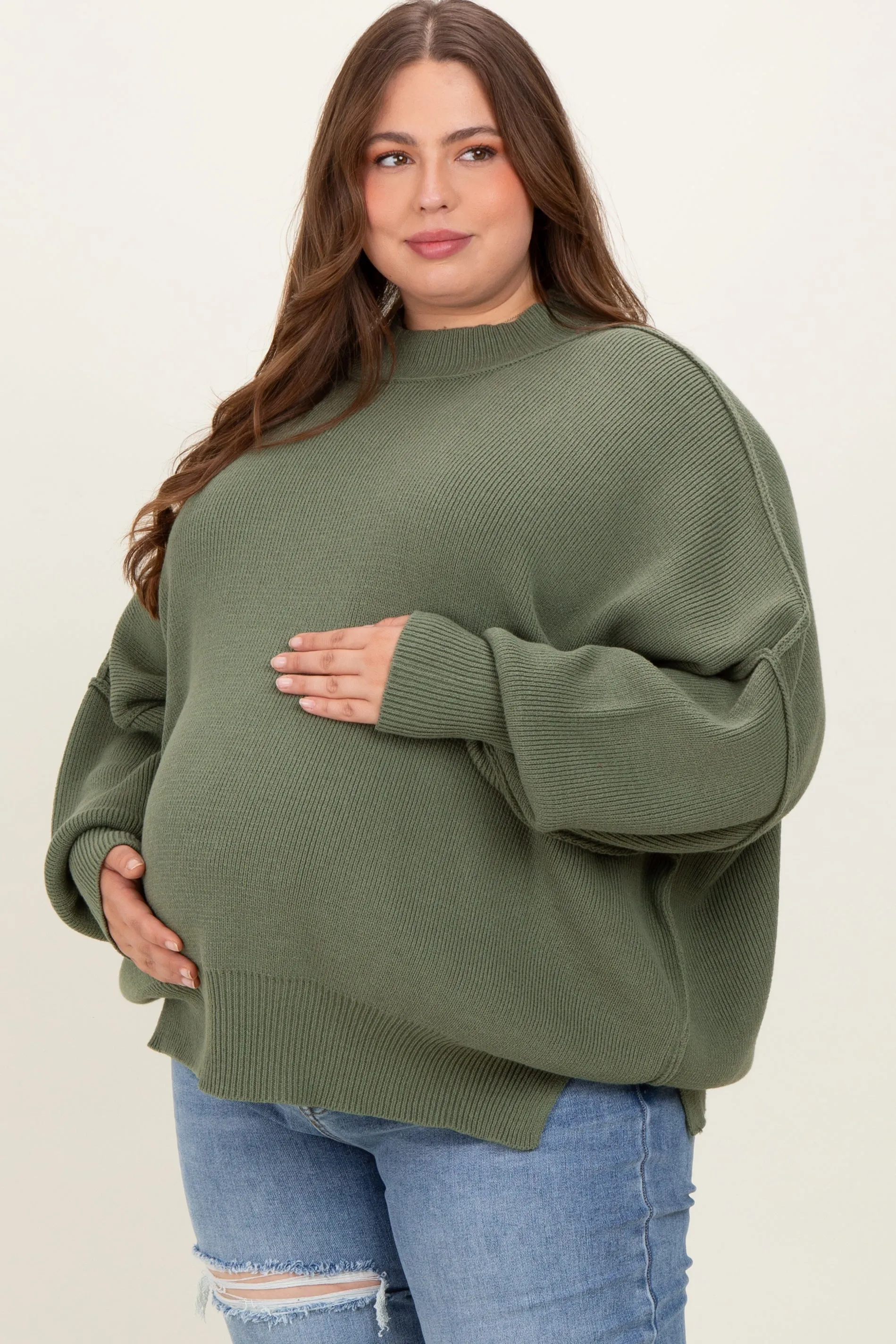 Light Olive Mock Neck Exposed Seam Maternity Sweater sold by Pinkblush product image thumbnail 2