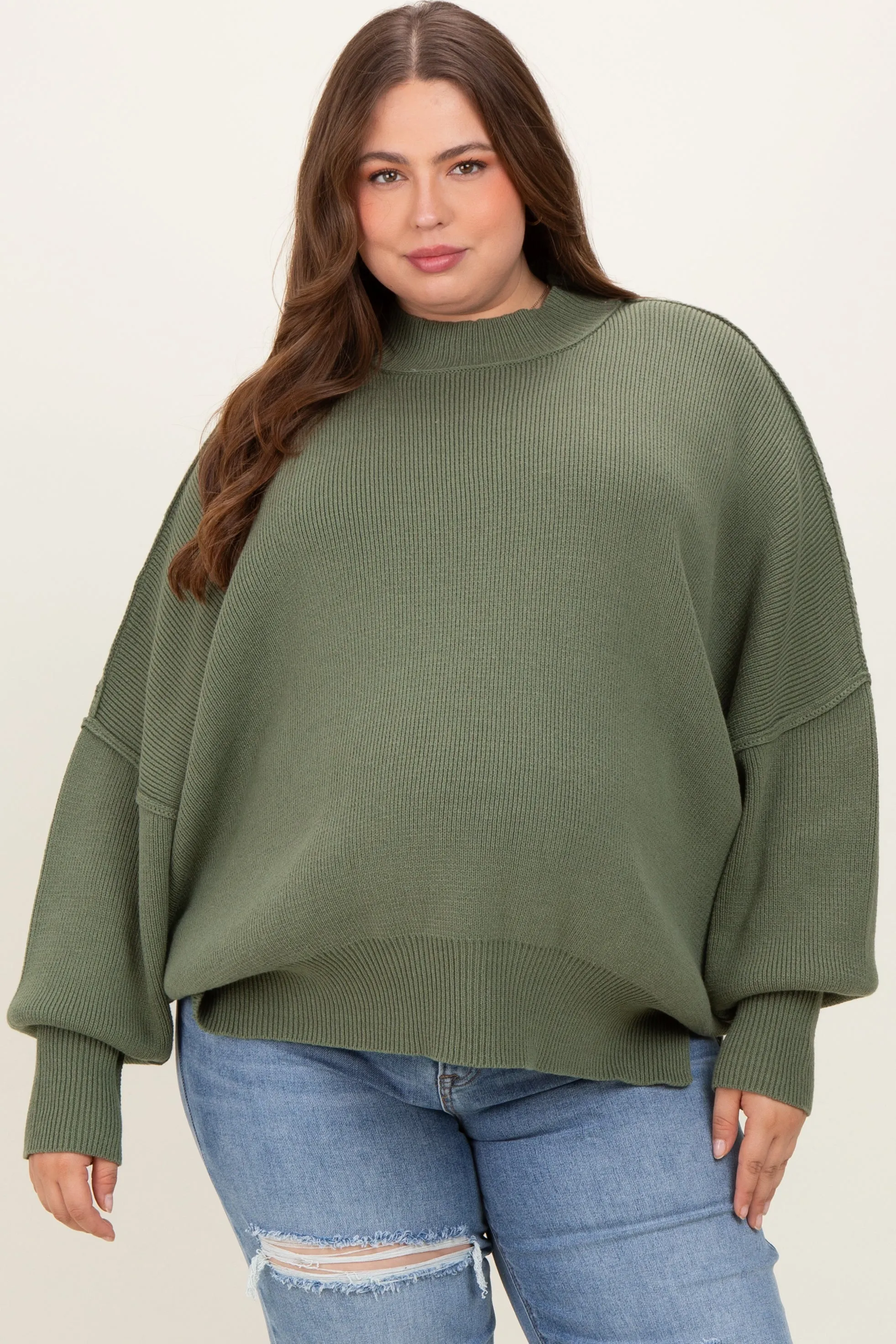 Light Olive Mock Neck Exposed Seam Maternity Sweater sold by Pinkblush