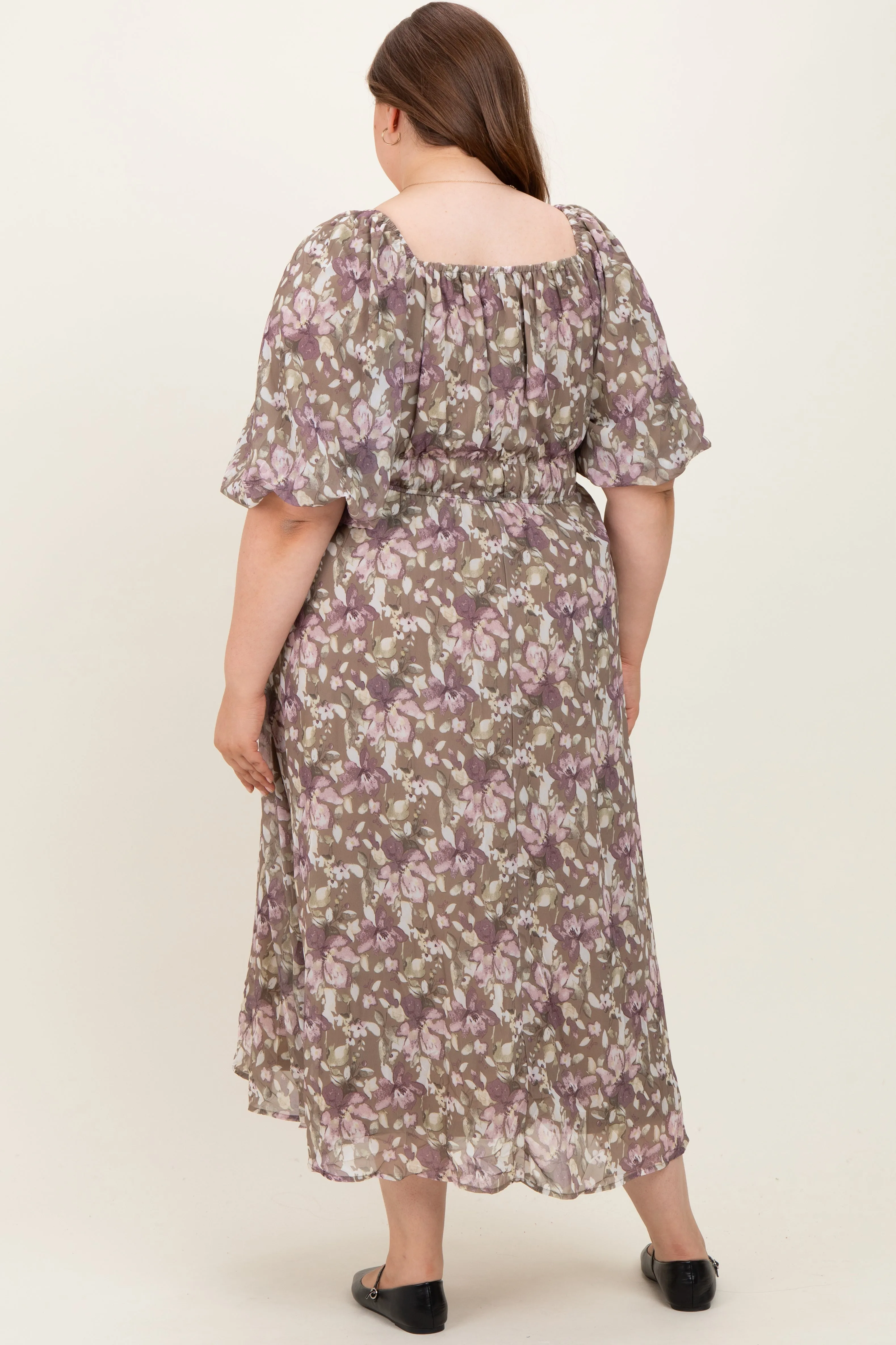Taupe Floral Square Neck Short Puff Sleeve Maternity Plus Midi Dress sold by Pinkblush product image thumbnail 4