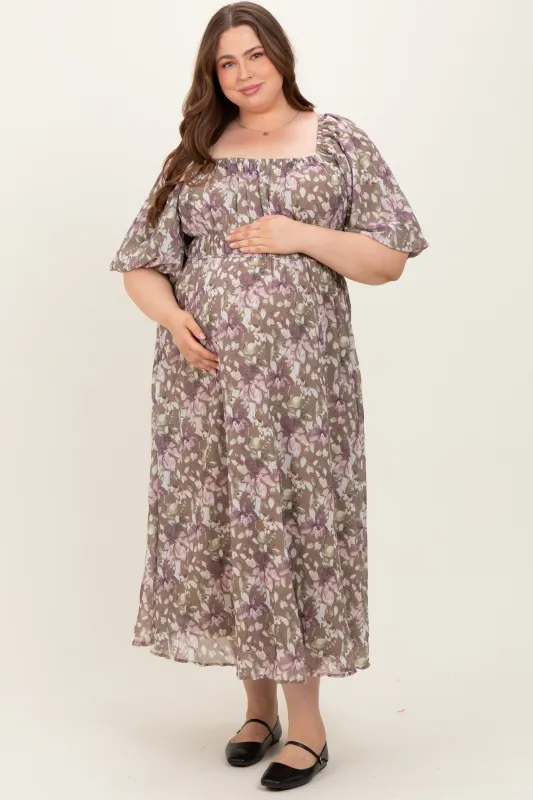 Taupe Floral Square Neck Short Puff Sleeve Maternity Plus Midi Dress made by Polagram