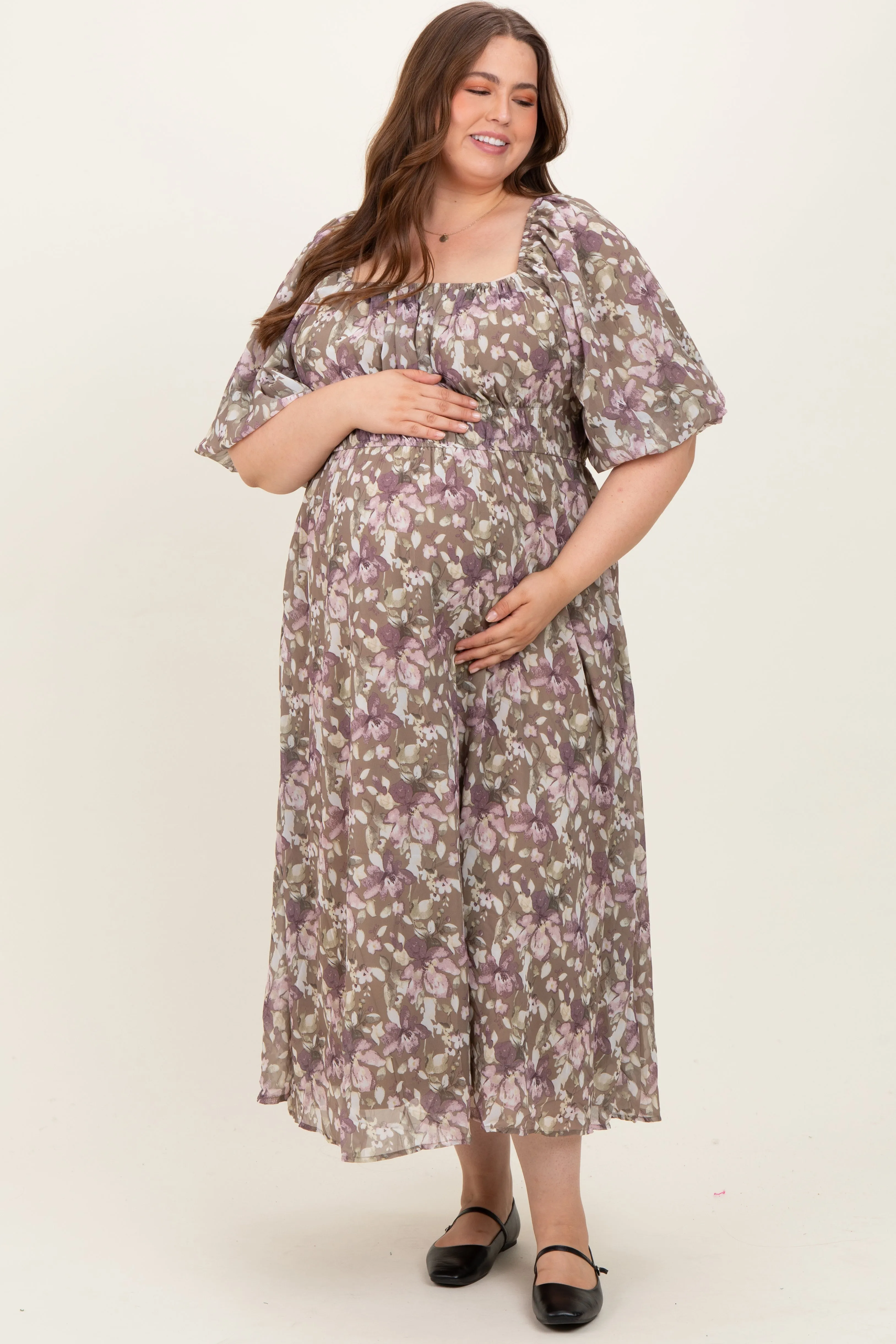 Taupe Floral Square Neck Short Puff Sleeve Maternity Plus Midi Dress sold by Pinkblush product image thumbnail 2
