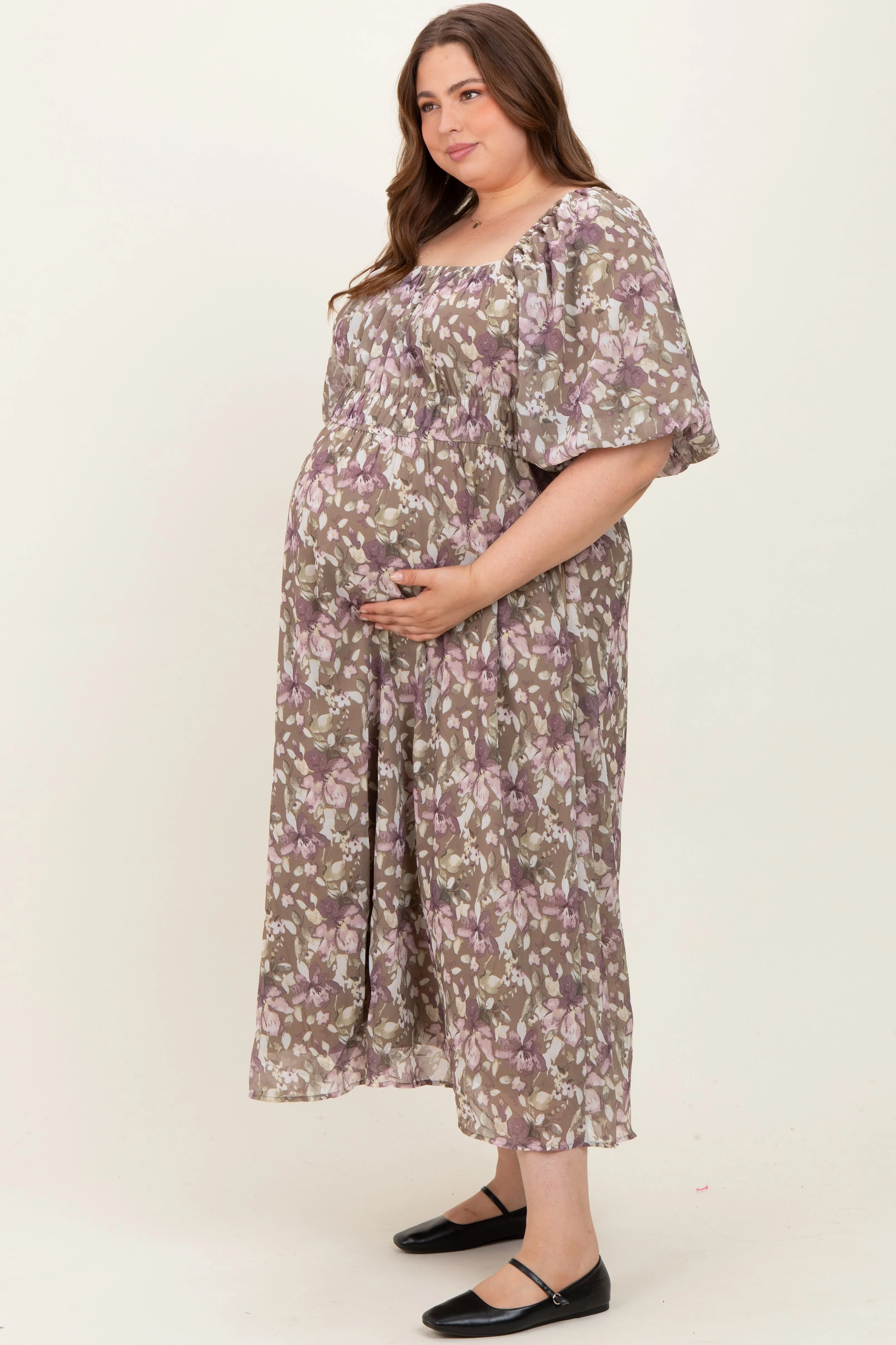 Taupe Floral Square Neck Short Puff Sleeve Maternity Plus Midi Dress sold by Pinkblush product image thumbnail 3