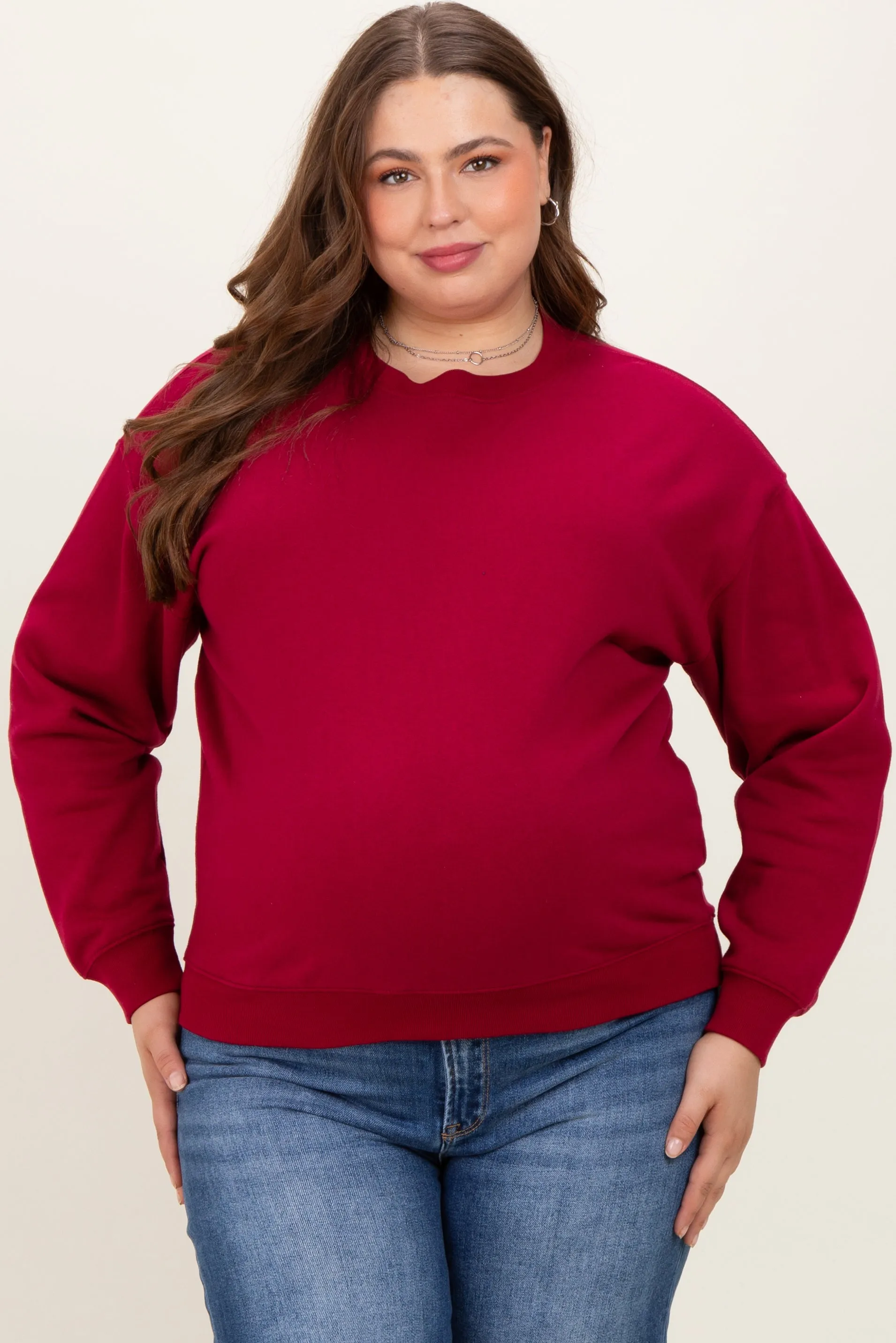 Burgundy Basic Fleece Crewneck Maternity Sweatshirt sold by Pinkblush