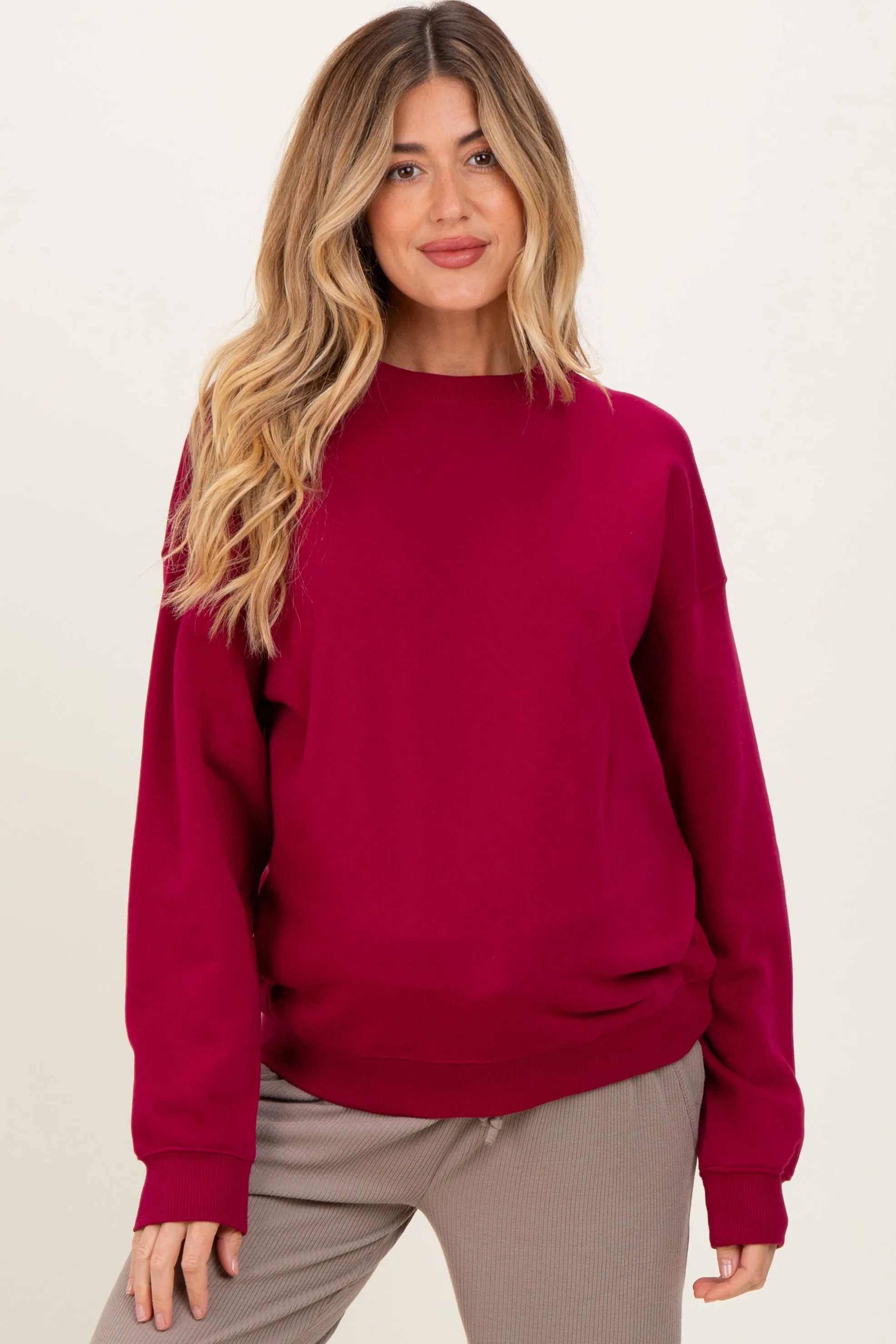 Burgundy Fleece Crew Neck Relaxed Fit Maternity Sweatshirt sold by Pinkblush