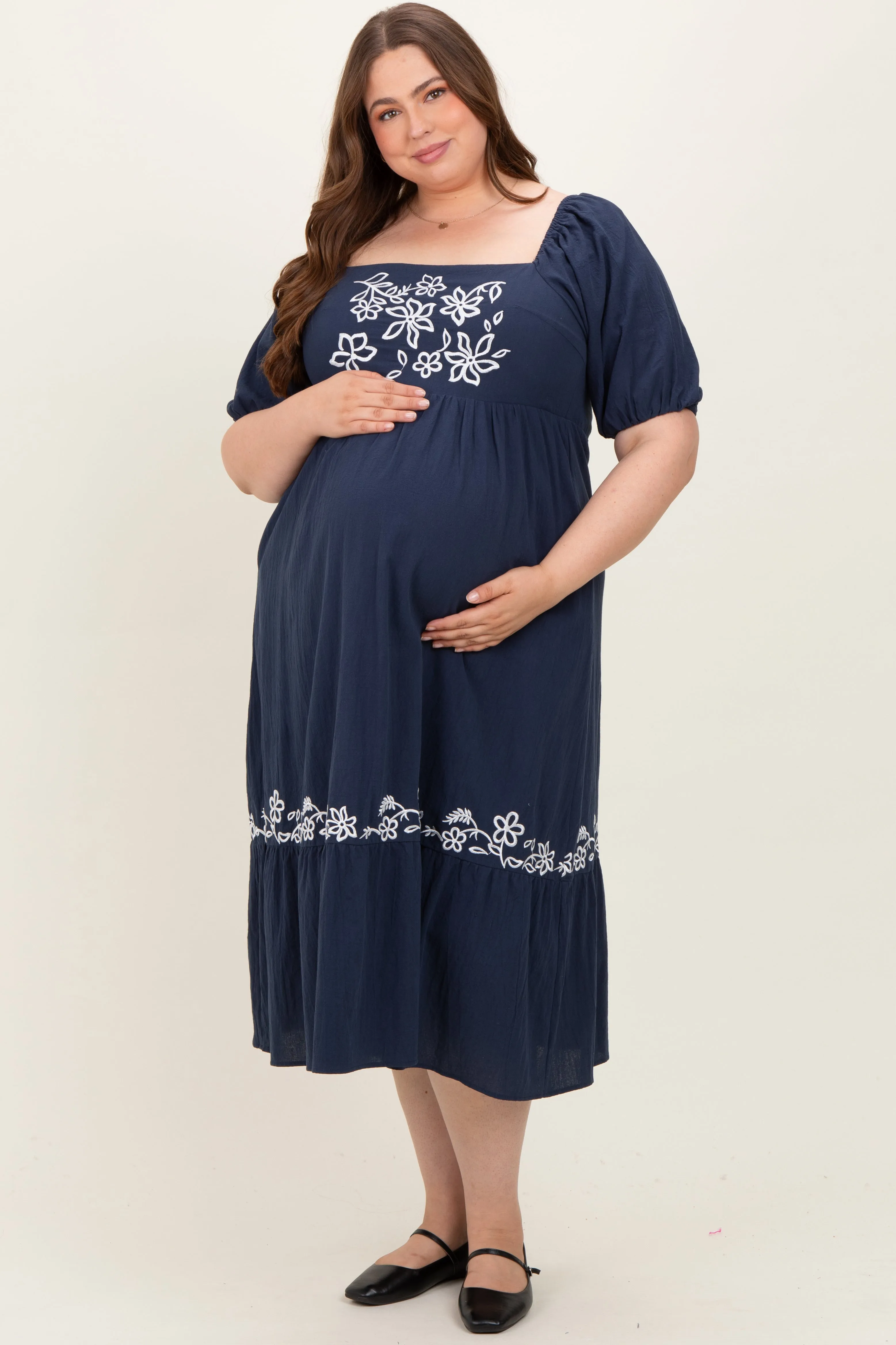 Navy Embroidered Floral Square Neck Maternity Plus Maxi Dress sold by Pinkblush