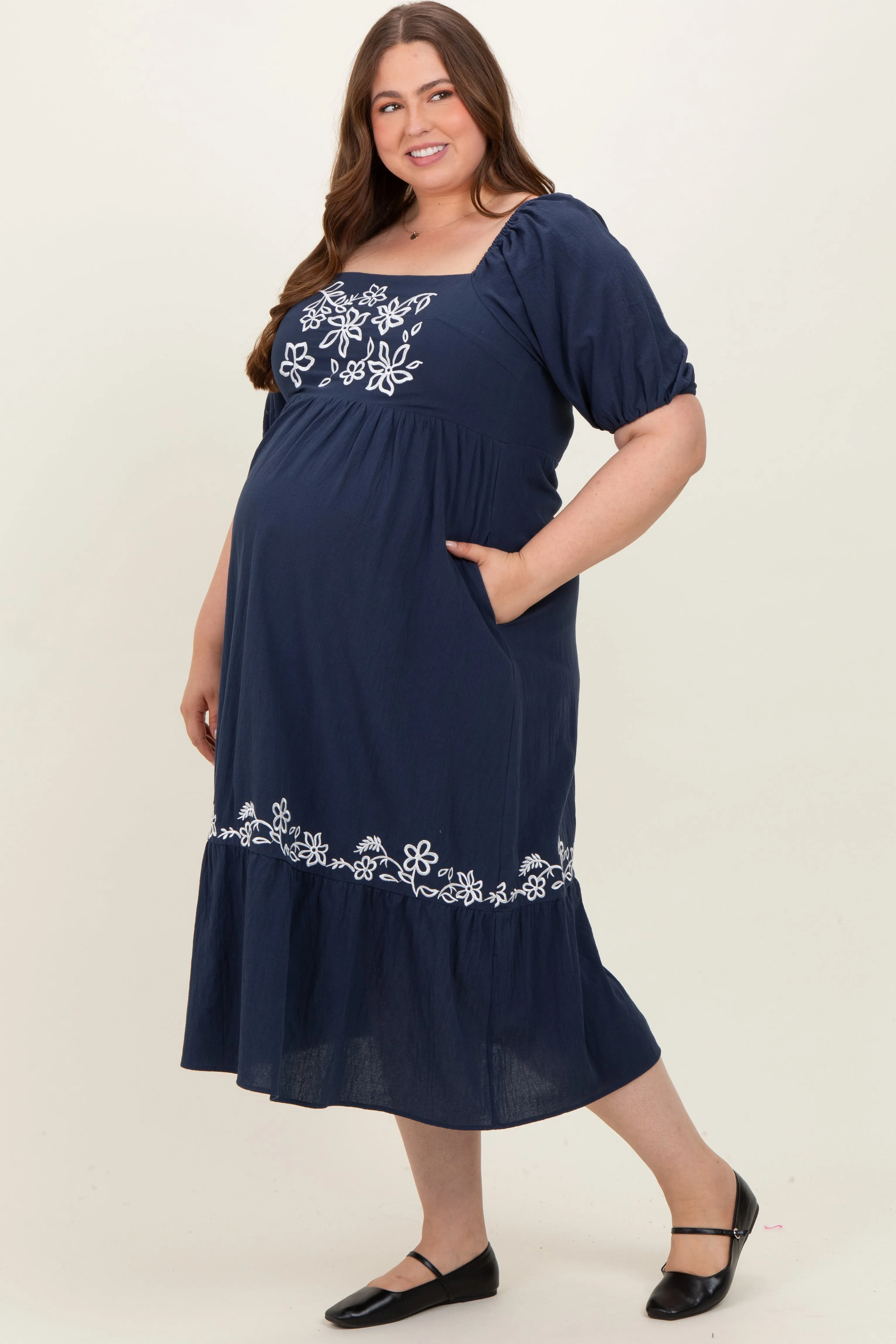 Navy Embroidered Floral Square Neck Maternity Plus Maxi Dress sold by Pinkblush product image thumbnail 2
