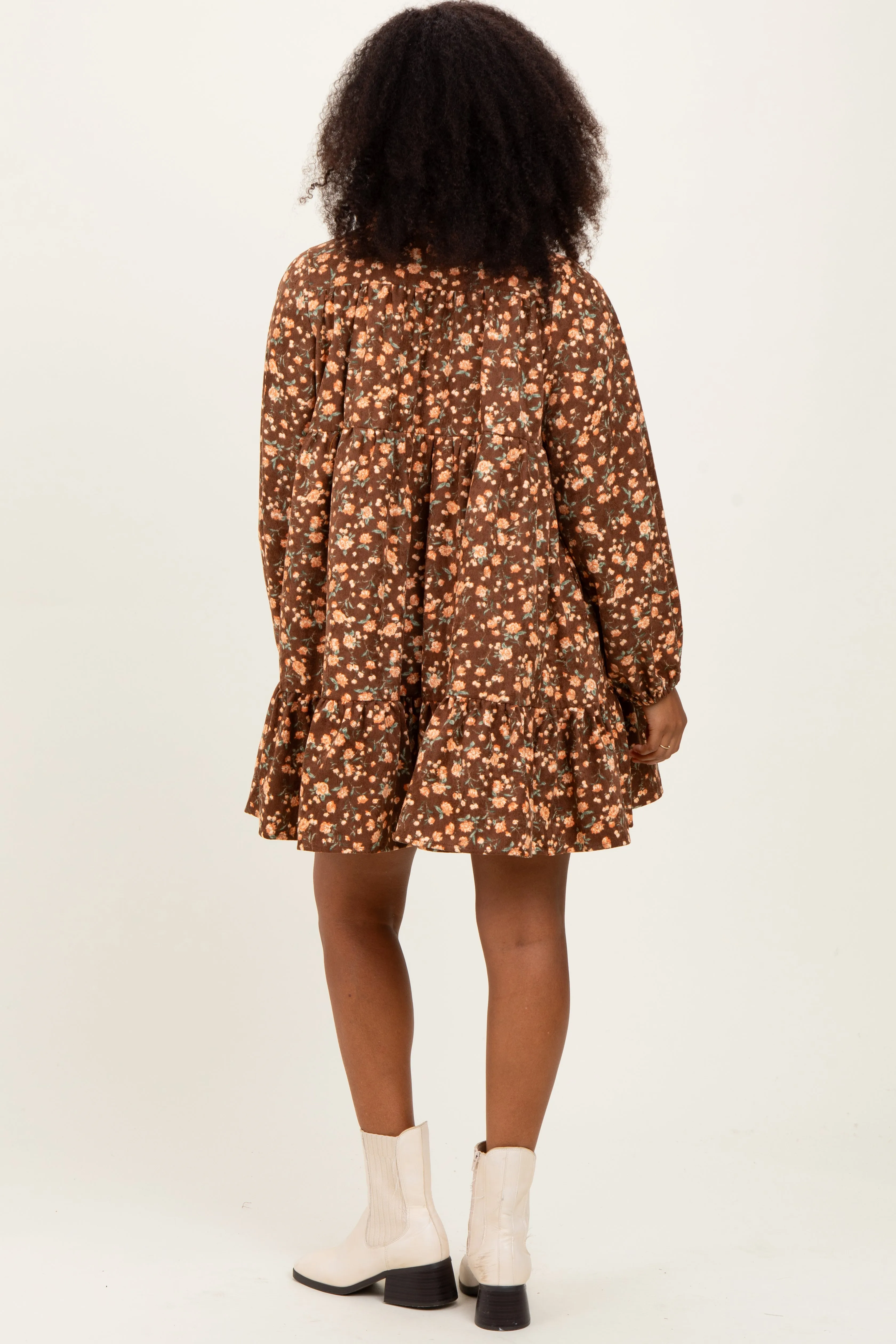 Brown Floral Print Shirring Half Buttoned Shirt Dress sold by Pinkblush product image thumbnail 2