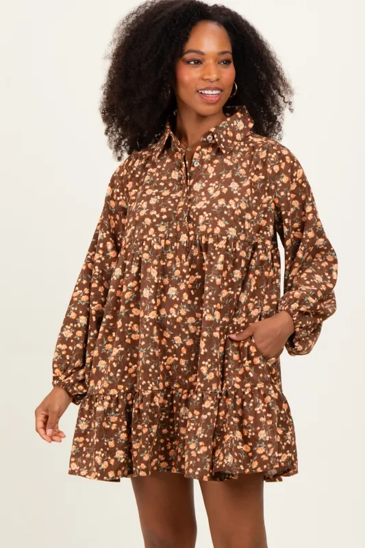 Brown Floral Print Shirring Half Buttoned Shirt Dress sold by Pinkblush
