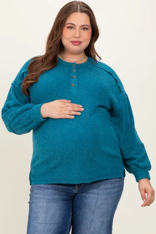 Teal Oversized Ribbed Knit Henley Maternity Plus Sweater made by Zenana Outfitters