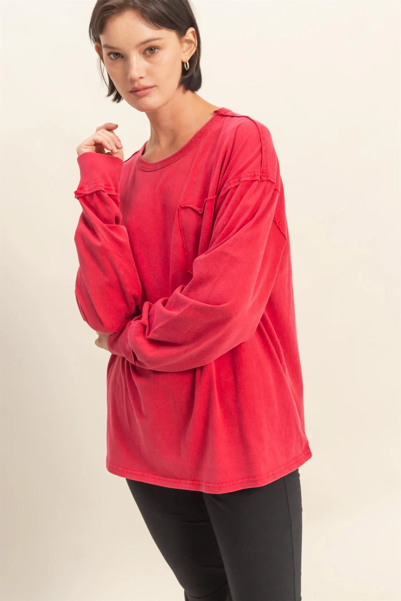 Red Oversized Washed Long Sleeve Pocket Top sold by Pinkblush product image thumbnail 2