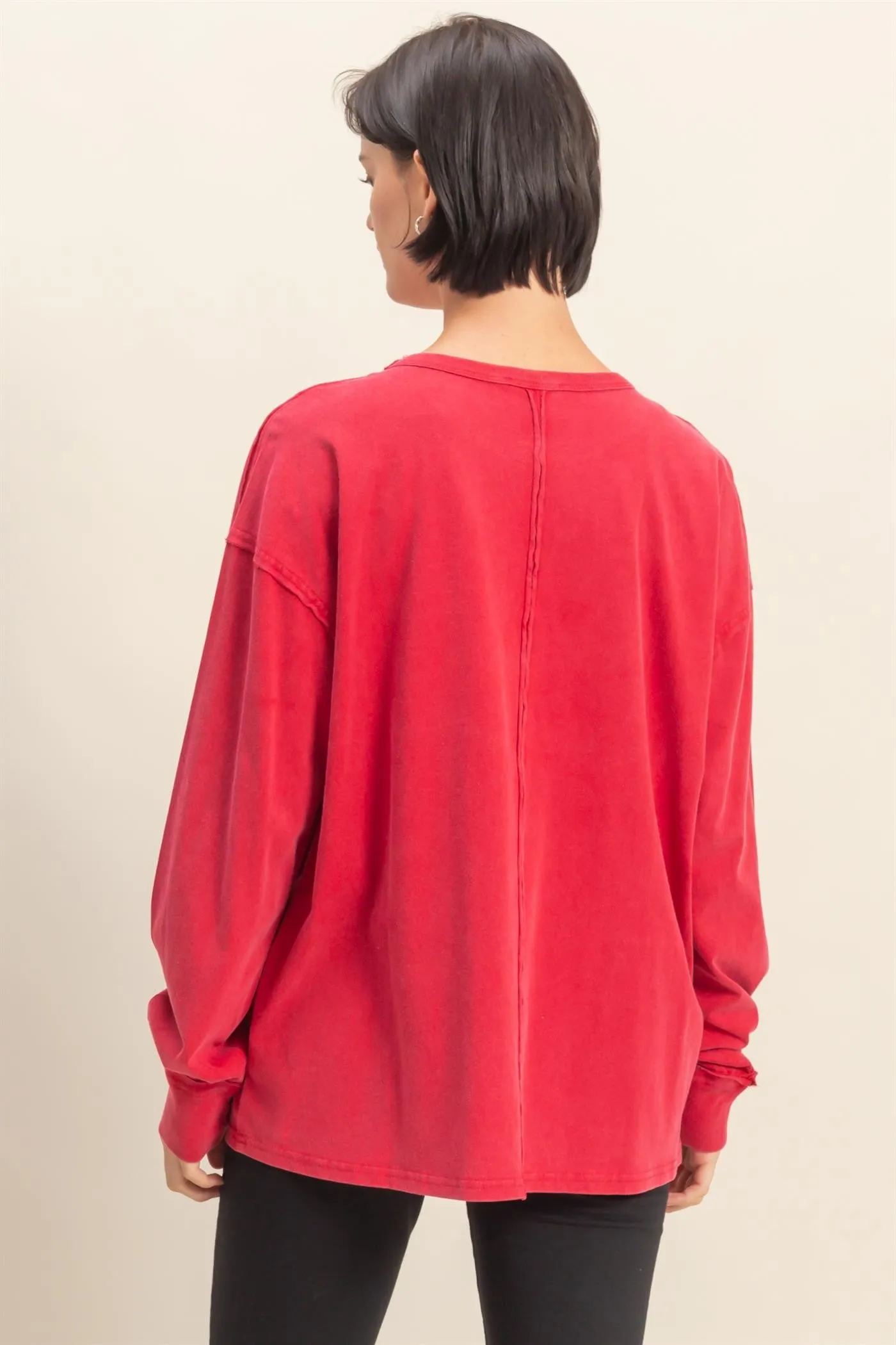 Red Oversized Washed Long Sleeve Pocket Top sold by Pinkblush product image thumbnail 3