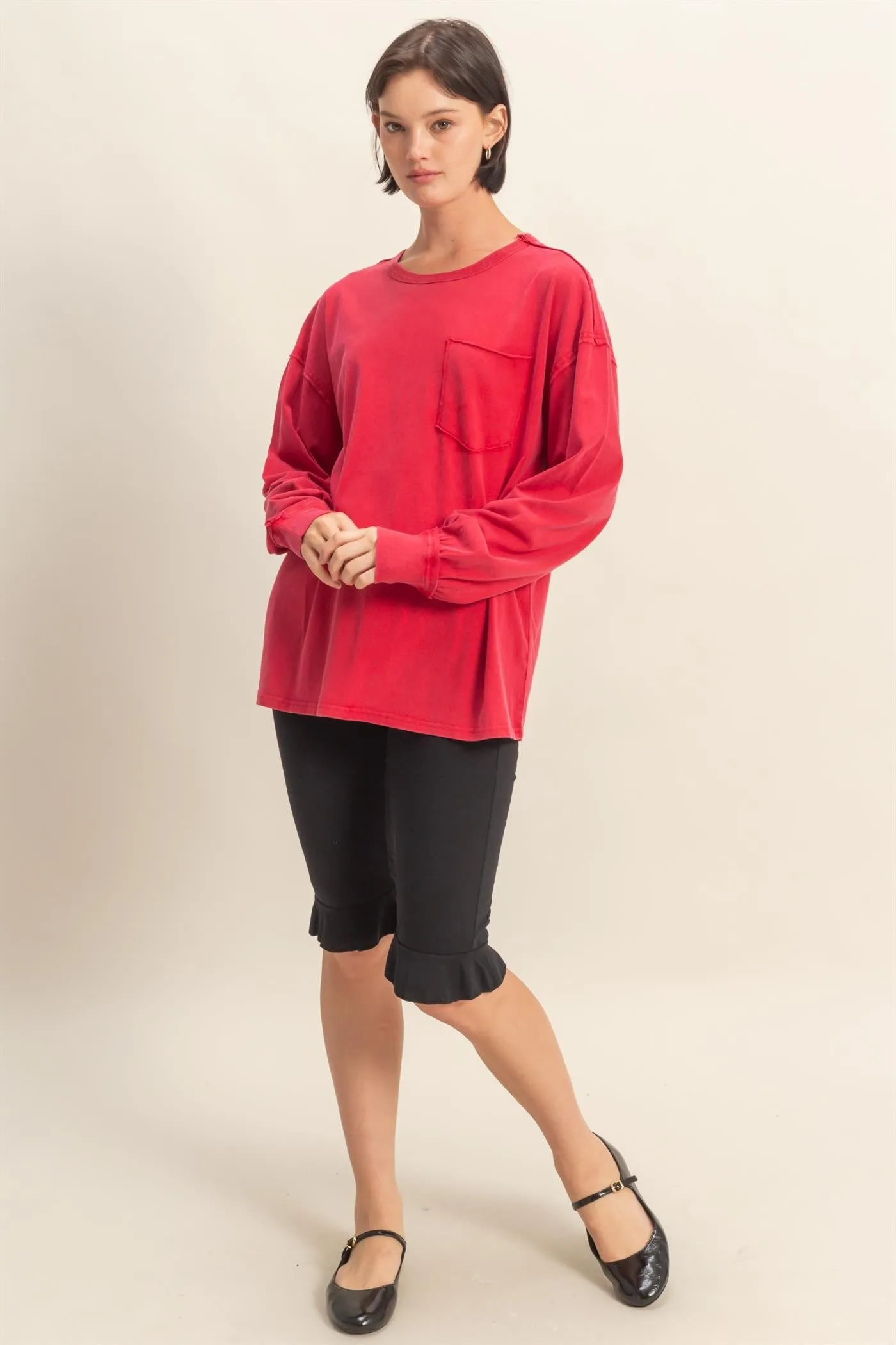 Red Oversized Washed Long Sleeve Pocket Top sold by Pinkblush product image thumbnail 4