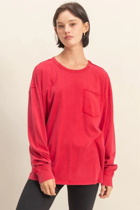 Red Oversized Washed Long Sleeve Pocket Top sold by Pinkblush