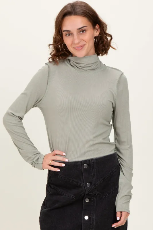 Light Olive Solid Long Sleeve Ribbed Turtle Neck Top sold by Pinkblush